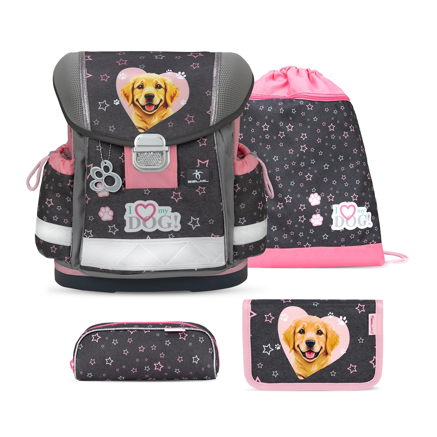 Ergonomisches Schulranzen-Set für Mädchen – Belmil Classy Starry Paws (4-tlg.)