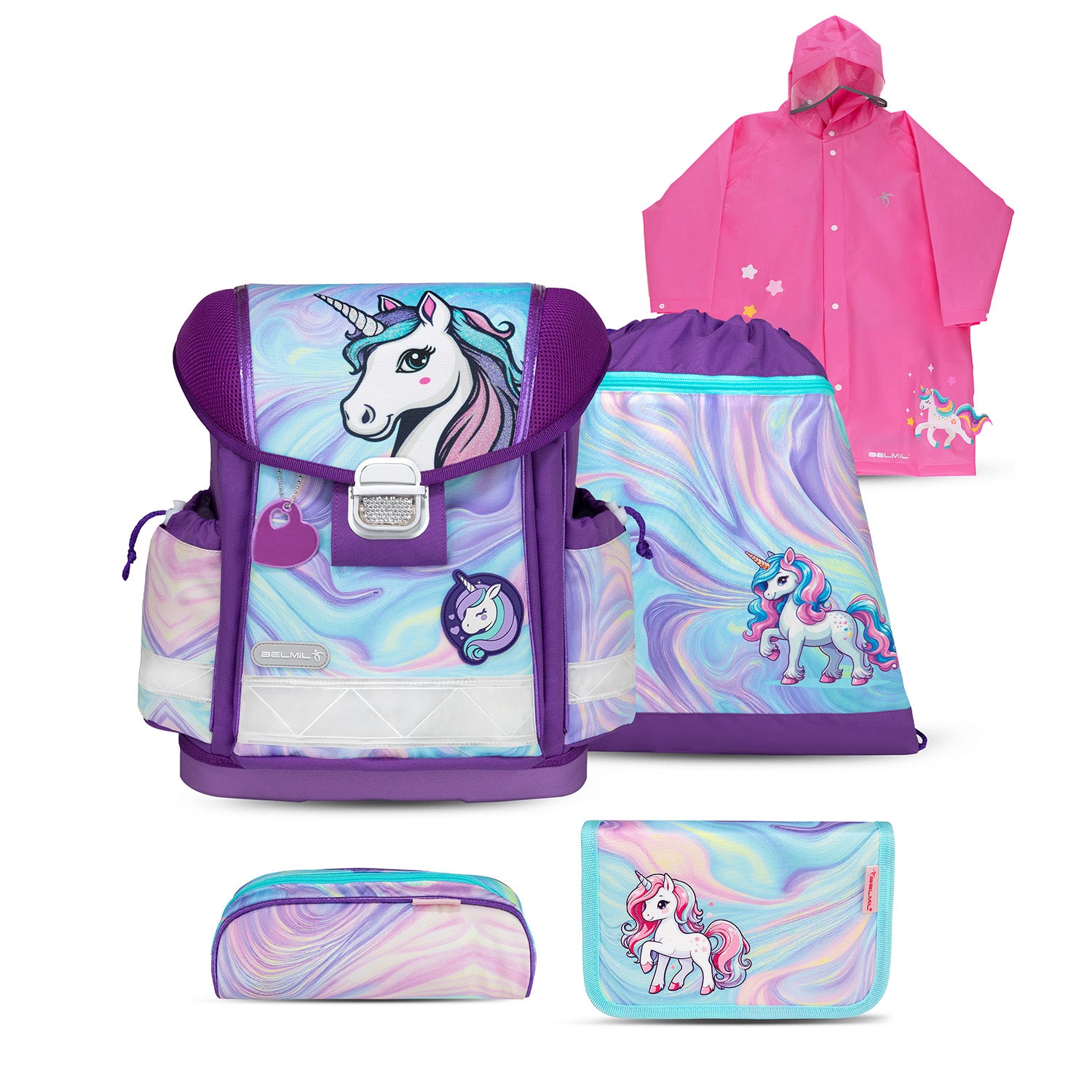 Colorful and stylish Belmil Classy Ergonomic School Bag Set for Girls “Unicorn Dream” Design, featuring a magical unicorn pattern and practical ergonomic design for comfortable carrying.