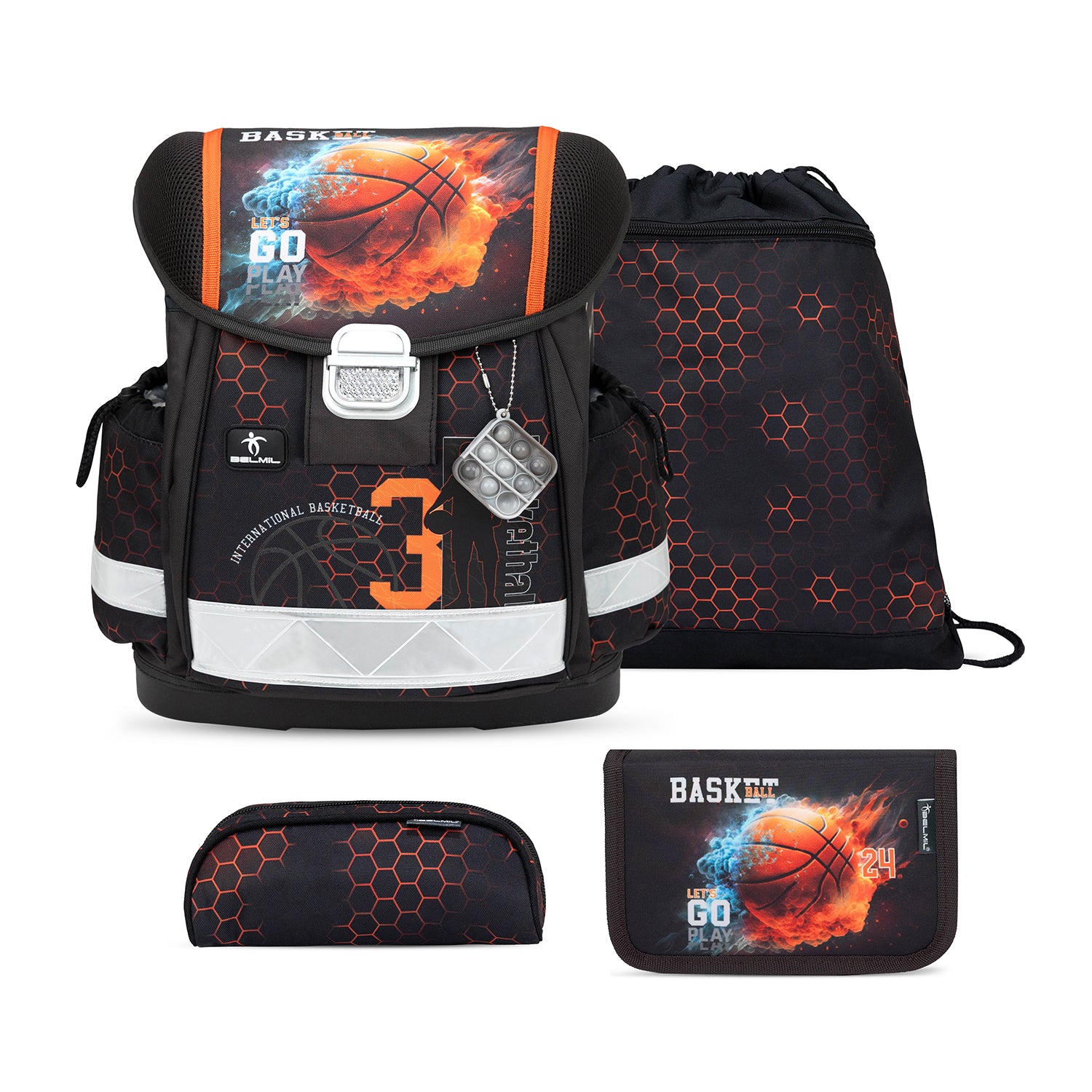 Ergonomisches Schulranzen-Set für Jungen – Belmil Classy Basket Inferno (4-tlg.)