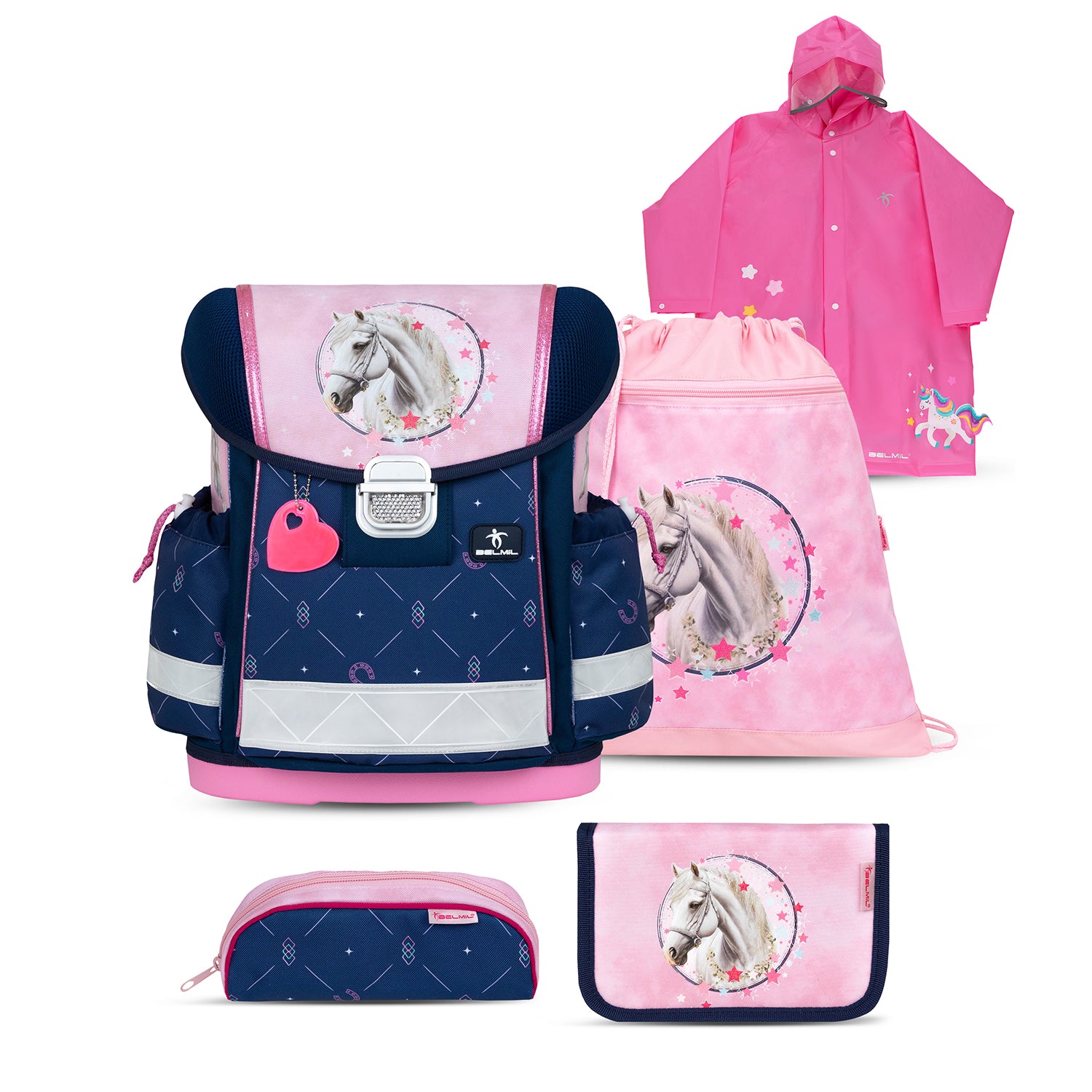 Belmil Ergonomic School Bag Set for Girls “Amazing Horse” Design + Unicorn Raincoat – 4-Piece Back-to-School Bundle showcasing the stylish design with a white horse and stars.