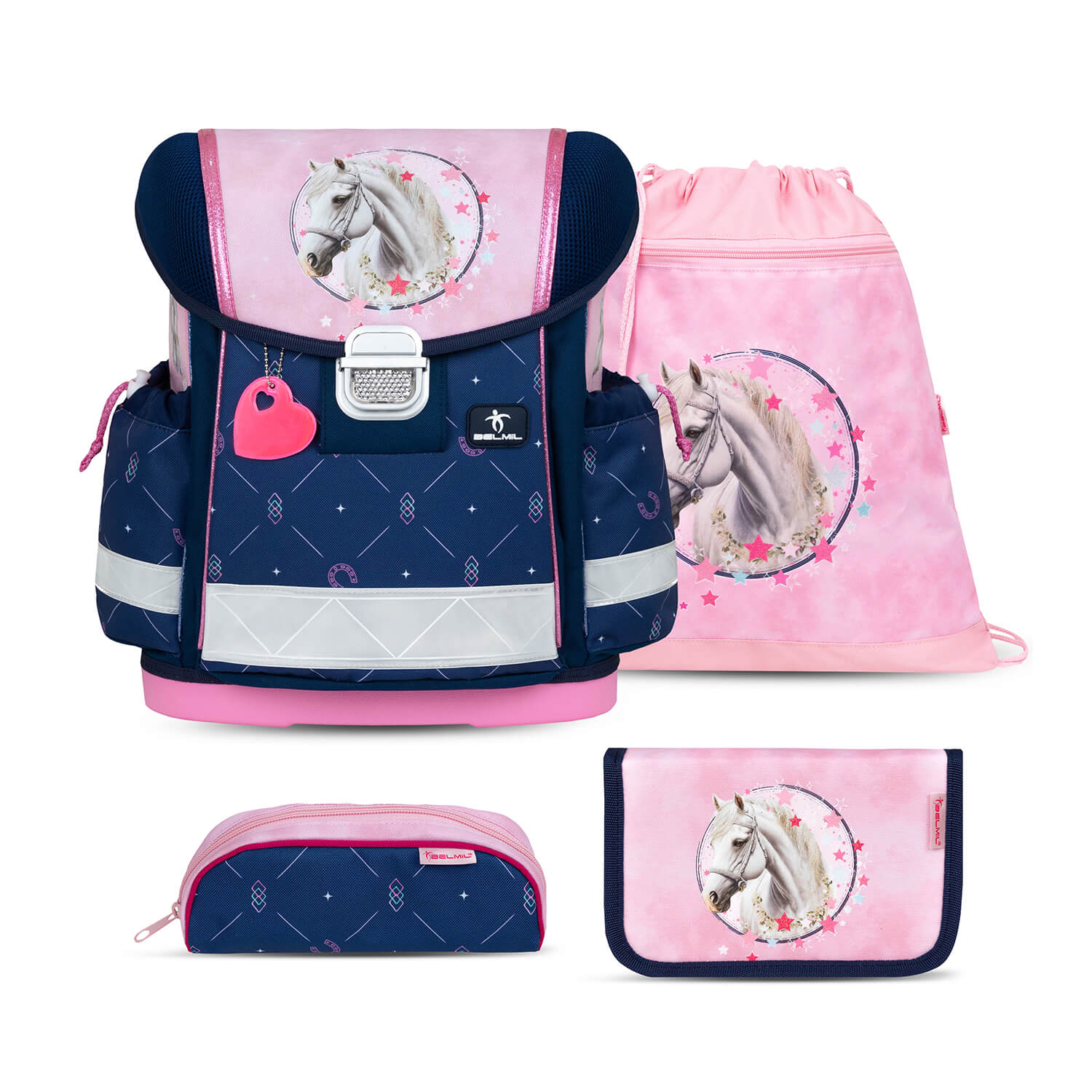 RAINPONCHO Ergonomic School Bag Set for Girls – Belmil Classy Amazing Horses featuring a vibrant design and practical features for school.