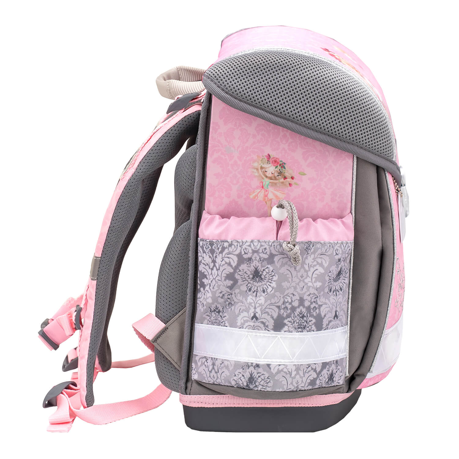 Close-up of the ergonomic design and reflective elements of the Belmil Classy Ballerina school bag for safety.