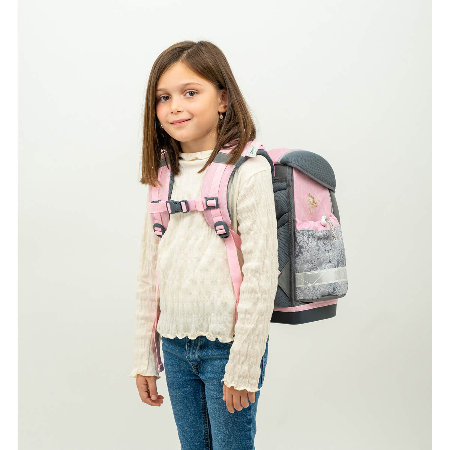 The ergonomic school bag with ballerina design, part of the Belmil Classy Ballerina 4-piece set for girls.
