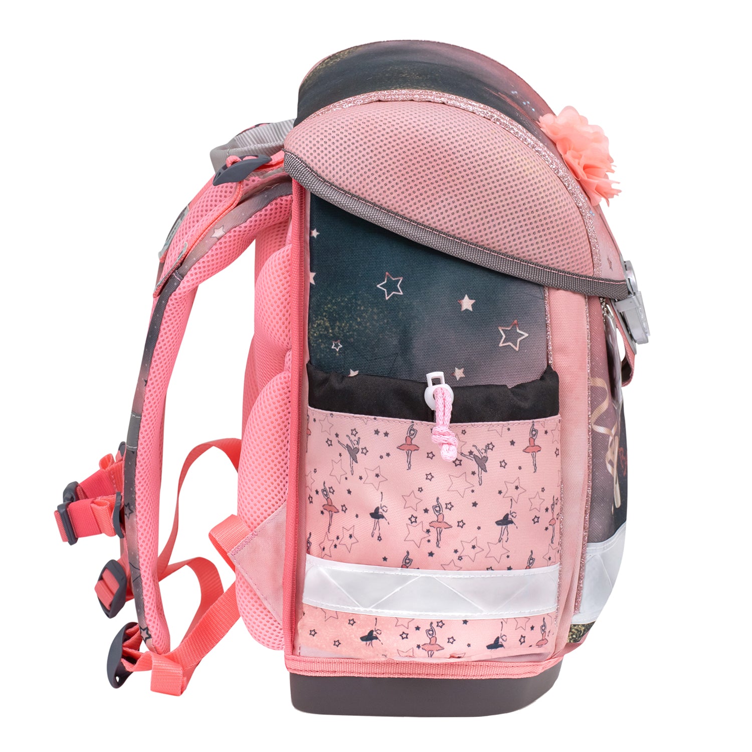 Close up of the reflective elements on the Belmil Classy Ergonomic School Bag Set for Girls 'Ballerina Black Pink' ensuring safety on the way to school.