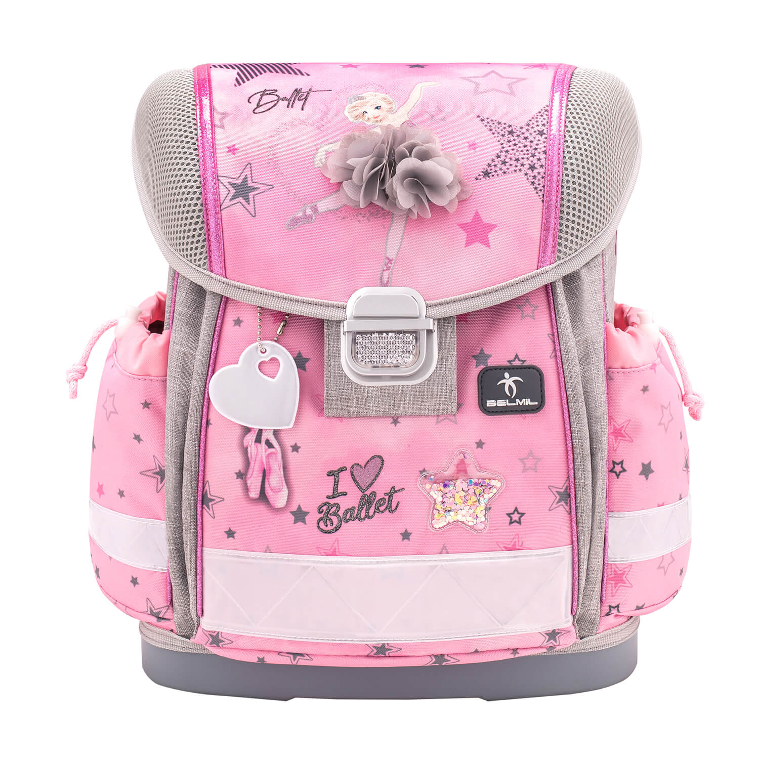 Detail of the Classy Ballet Light Pink schoolbag's ergonomic back padding, emphasizing comfort for kids, part of the Ergonomic School Bag Set for Girls – Belmil Classy Ballet Light Pink (4 pcs).