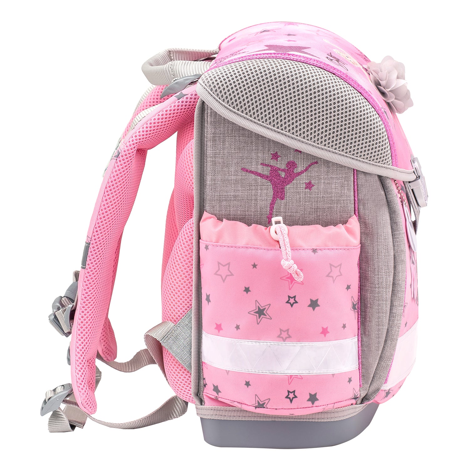 Close-up of the comfortable padded straps on the Belmil Classy Ergonomic School Bag Set for Girls “Ballet Light Pink” Design + Unicorn Raincoat – 5-Piece Back-to-School Bundle.