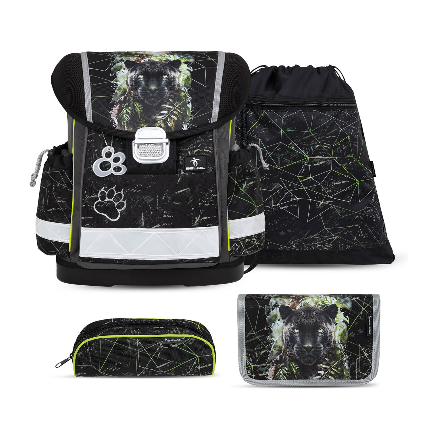 Showcasing the Ergonomic School Bag Set for Boys– Belmil Classy Black Panther (4 pcs) featuring a stylish black panther design.