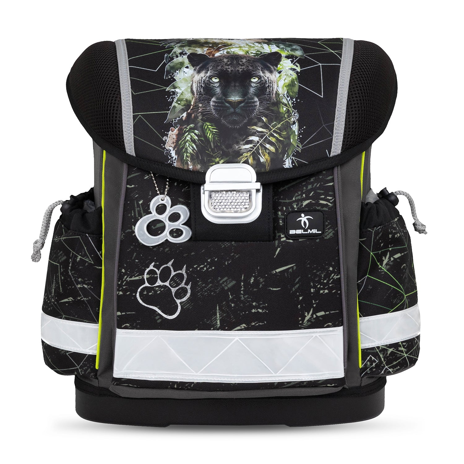 Belmil Classy Ergonomic School Bag Set for Boys “Black Panther” Design + Dinosaur Raincoat – 5-Piece Back-to-School Bundle showing padded shoulder straps and organized compartments.