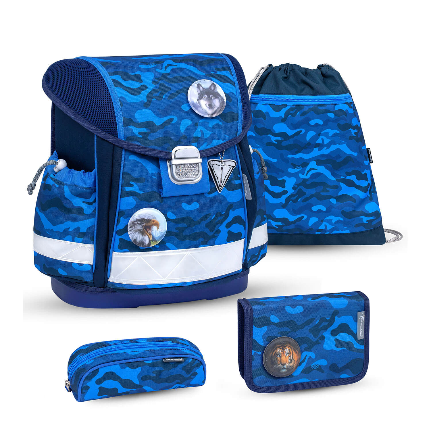 Classy Blue Camouflage Schulranzen Set 5 tlg.