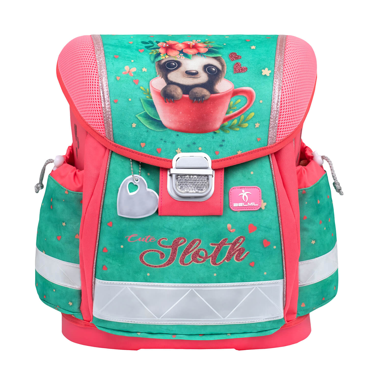 The Belmil Ergonomic School Bag Set for Girls “Cute Sloth” Design + Unicorn Raincoat – 4-Piece Back-to-School Bundle includes a spacious school bag with multiple compartments.