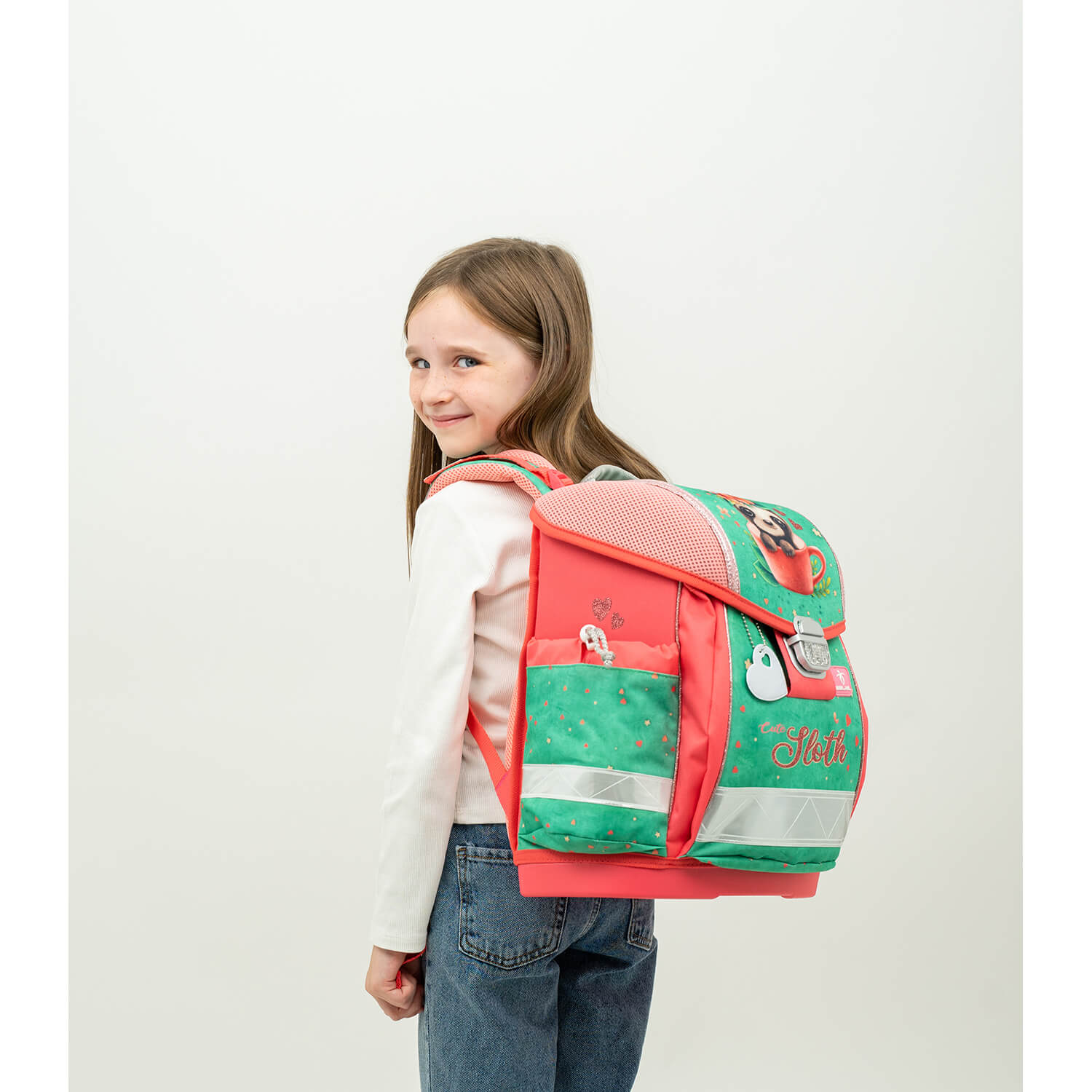 Close-up of the Belmil Ergonomic School Bag Set for Girls “Cute Sloth” Design + Unicorn Raincoat – 4-Piece Back-to-School Bundle highlighting the padded shoulder straps for comfort.