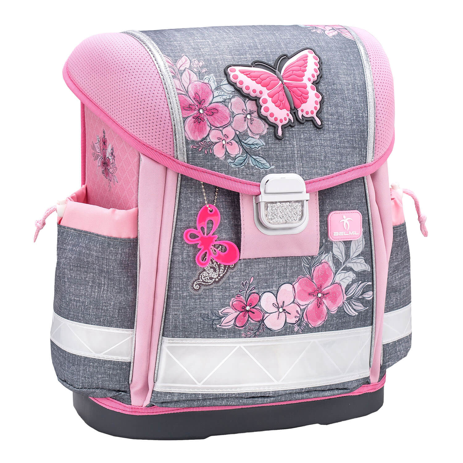 The Ergonomic School Bag Set for Girls – Belmil Classy Elegant (5 pcs) showcasing its waterproof rain cover and reflective elements.