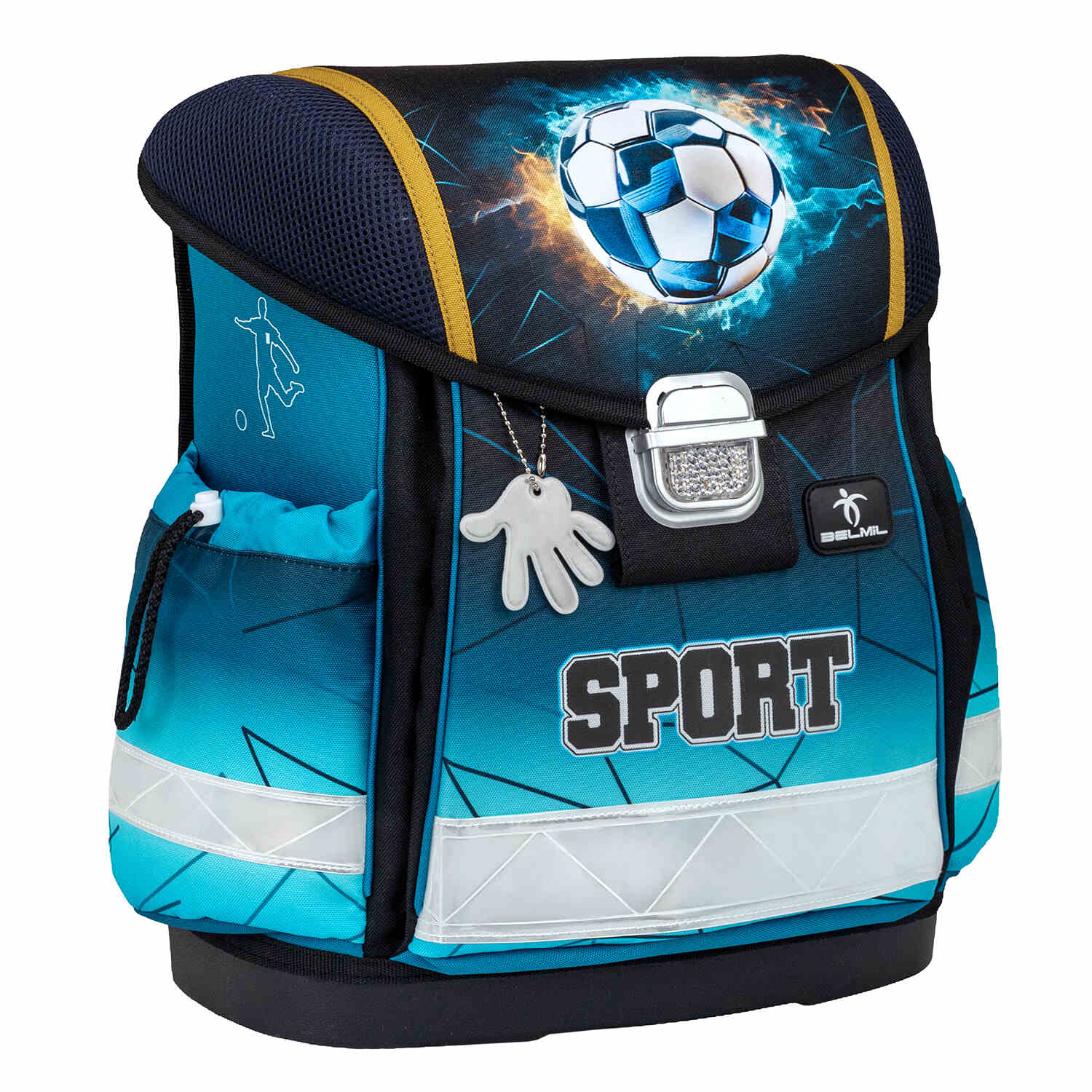 The Ergonomic School Bag Set for Boys – Belmil Classy Fire Football (5 pcs) with all accessories laid out, including pencil case and gym bag.