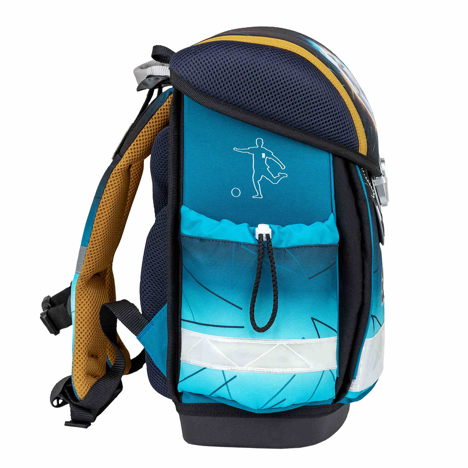 The Ergonomic School Bag Set for Boys – Belmil Classy Fire Football (5 pcs) shown with adjustable straps for custom fitting.