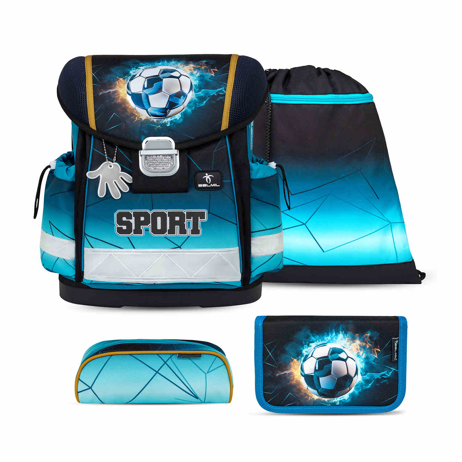 Classy Fire Football Schoolbag Set 4 pcs - Ergonomic School Bag Set for Boys by Belmil featuring trendy design.