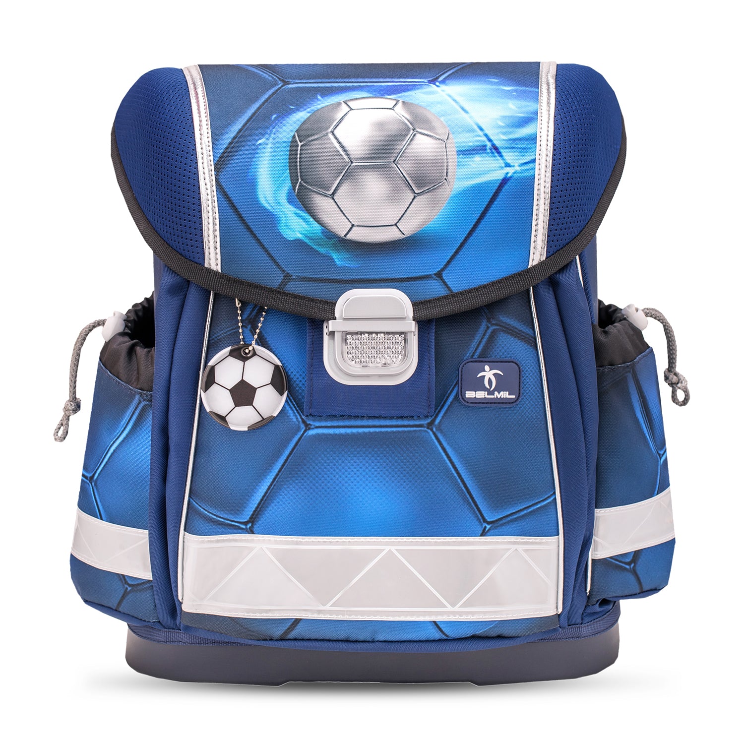 The Belmil Classy Ergonomic School Bag Set for Boys “Football 4” Design + Dinosaur Raincoat – 5-Piece Back-to-School Bundle with organized compartments.