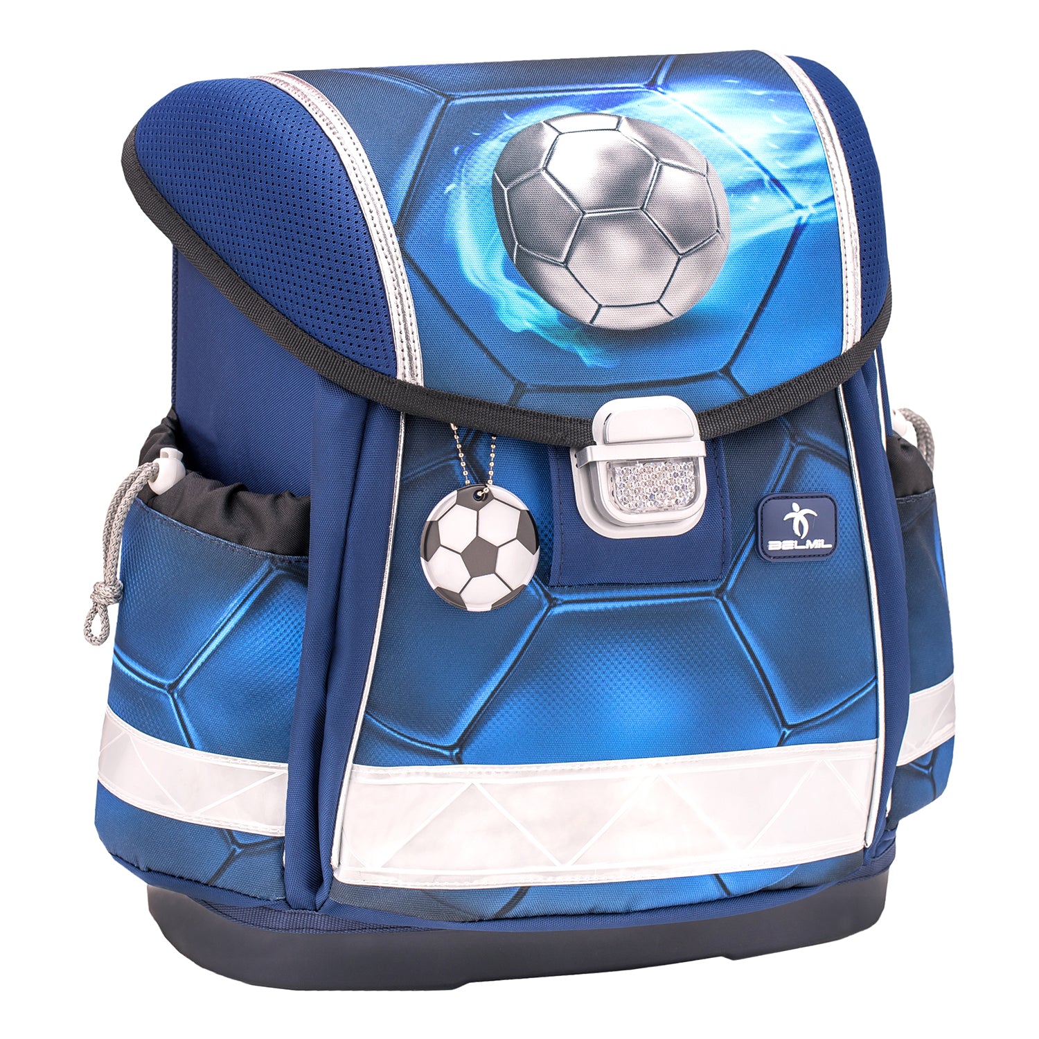 Detailed look at the Belmil Classy Ergonomic School Bag Set for Boys “Football 4” Design + Dinosaur Raincoat – 5-Piece Back-to-School Bundle.