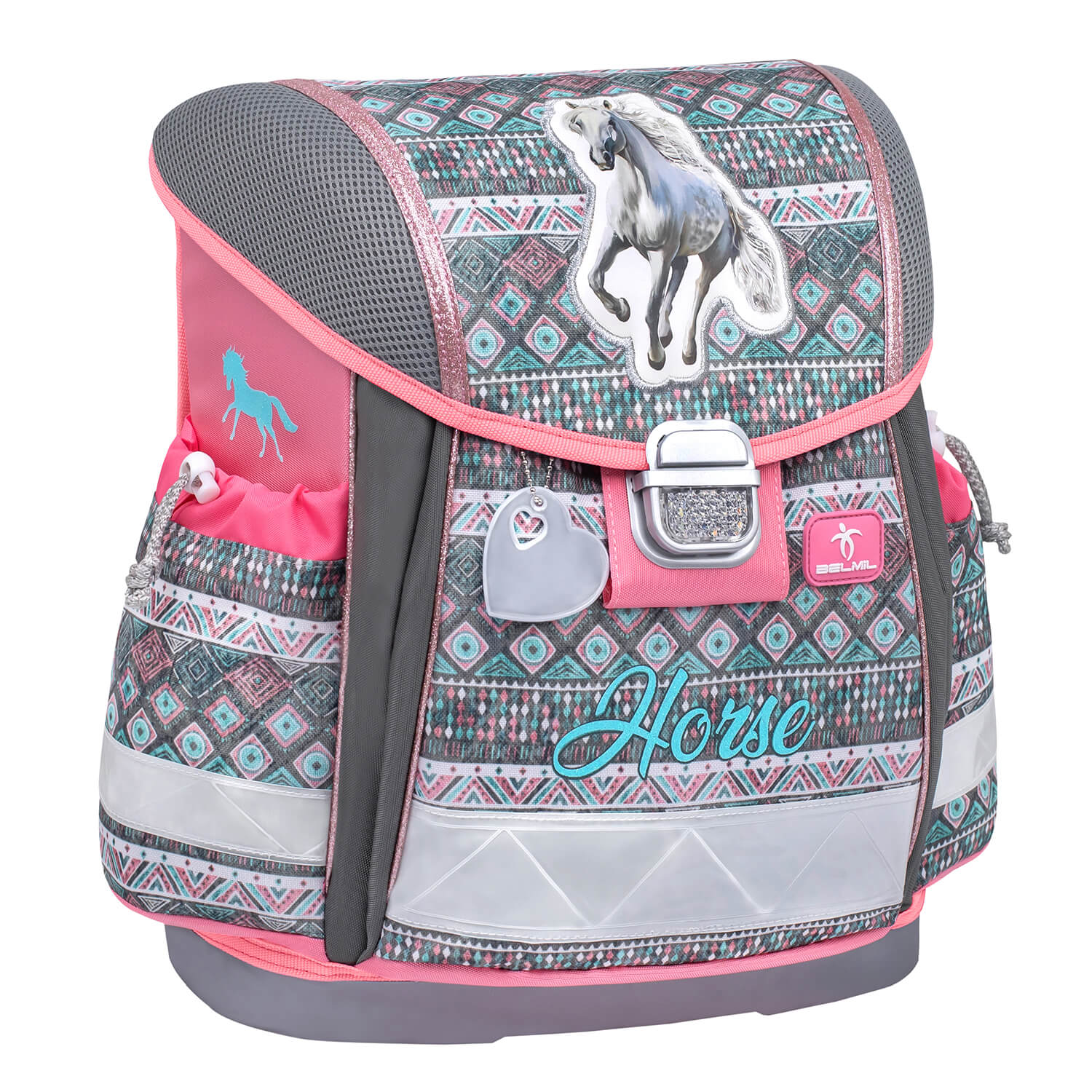 Belmil Ergonomic School Bag Set for Girls 'Horse Aruba Blue' Design + Unicorn Raincoat – 4-Piece Back-to-School Bundle with detailed view of the pencil cases.