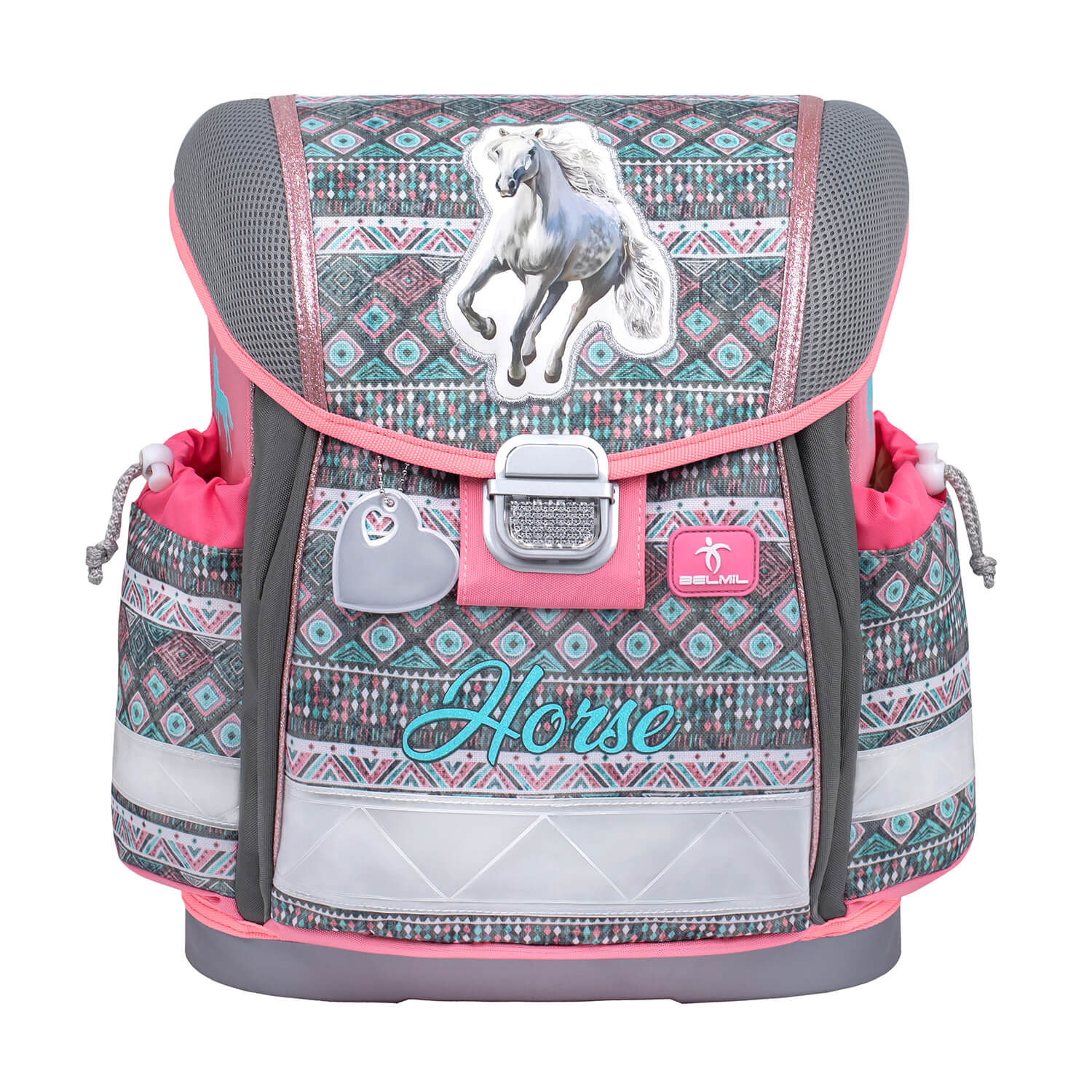 Belmil Ergonomic School Bag Set for Girls 'Horse Aruba Blue' Design + Unicorn Raincoat – 4-Piece Back-to-School Bundle featuring the included gym bag.