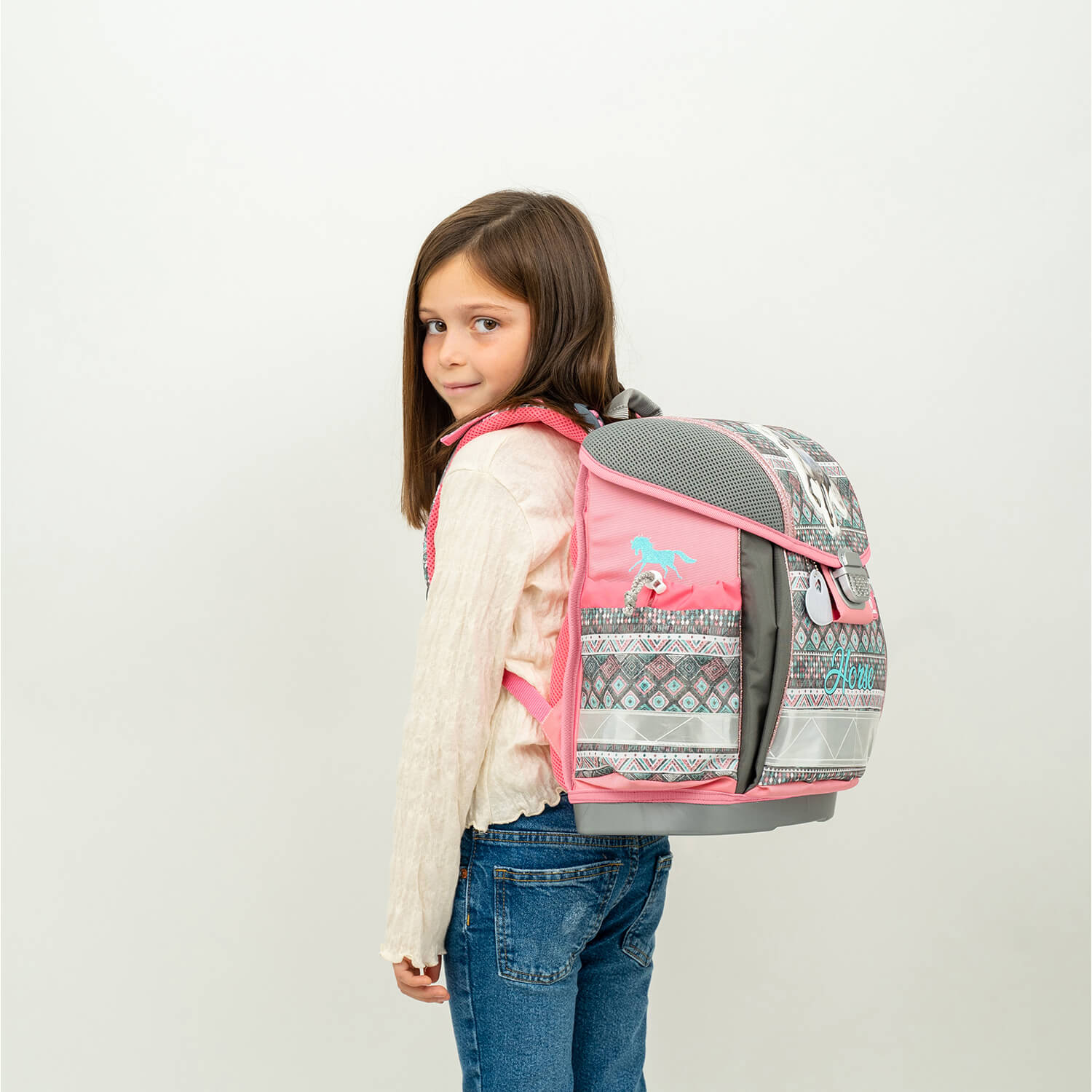 Close-up of the Belmil Ergonomic School Bag Set for Girls 'Horse Aruba Blue' Design + Unicorn Raincoat – 4-Piece Back-to-School Bundle highlighting the glittery accents.