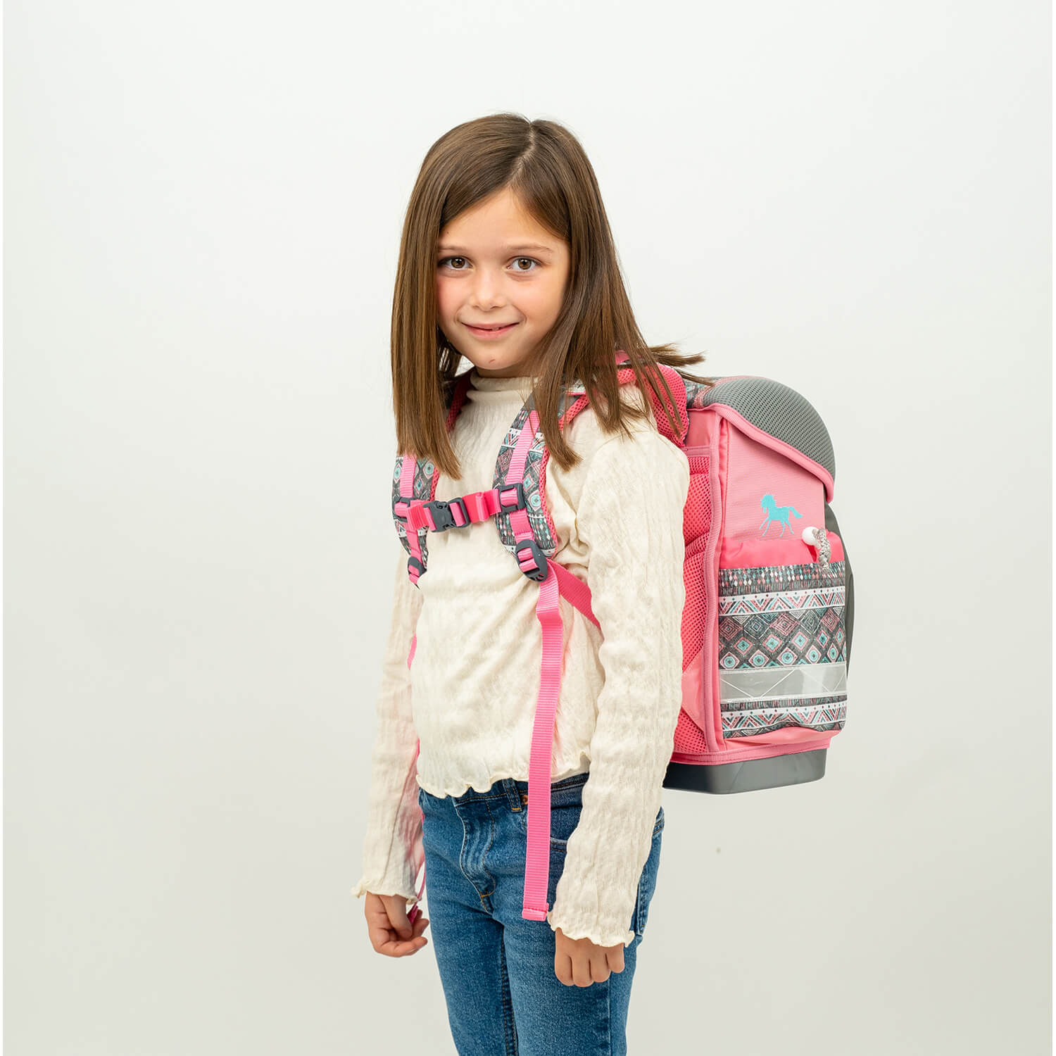 The Belmil Ergonomic School Bag Set for Girls 'Horse Aruba Blue' Design + Unicorn Raincoat – 4-Piece Back-to-School Bundle showcasing the elegant horse design.