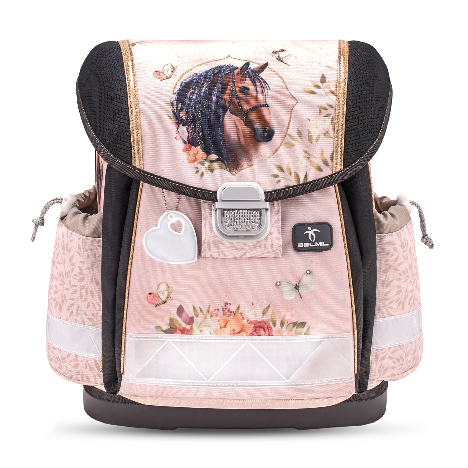 Close-up of Belmil Classy Ergonomic School Bag Set for Girls “Horse Chestnut” Design + Unicorn Raincoat – 5-Piece Back-to-School Bundle highlighting the ergonomic design and padded straps for comfort.
