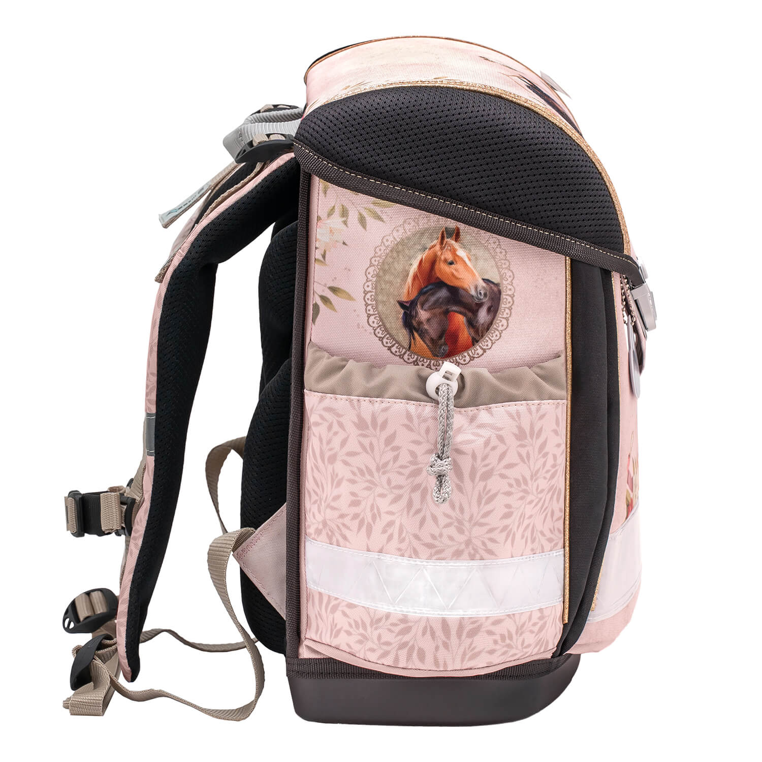 The Ergonomic School Bag Set for Girls – Belmil Classy Horse Chestnut (5 pcs) with child-safe metal buckle and reflective elements.