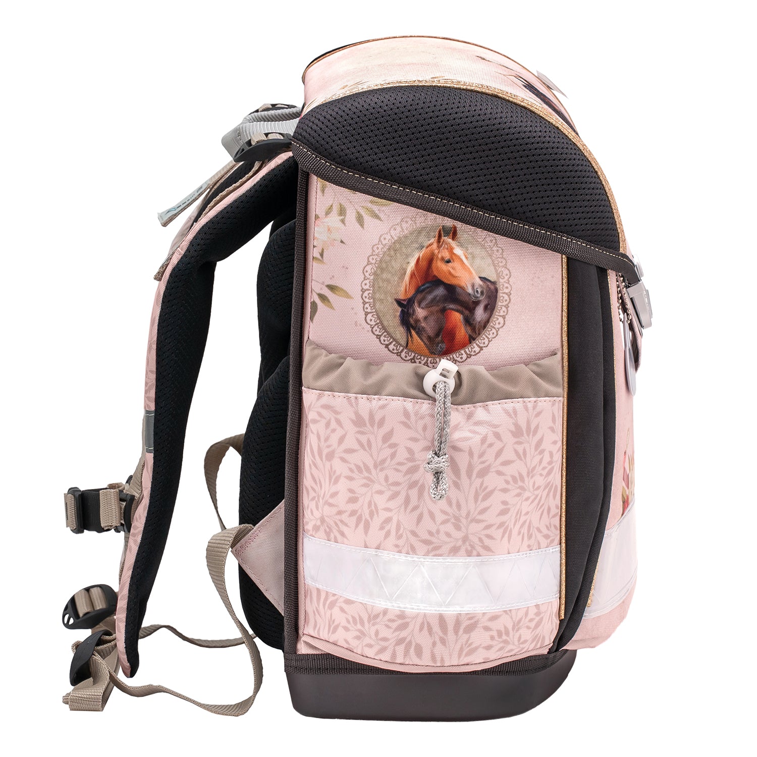 Belmil Classy Ergonomic School Bag Set for Girls “Horse Chestnut” Design + Unicorn Raincoat – 5-Piece Back-to-School Bundle showcasing the gym bag and pencil cases included in the set.