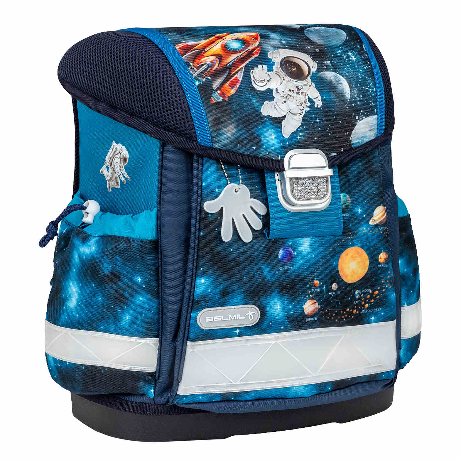 The Ergonomic School Bag Set for Boys – Belmil Classy Infinity Space (5 pcs) showcasing its breathable padded back for comfort.