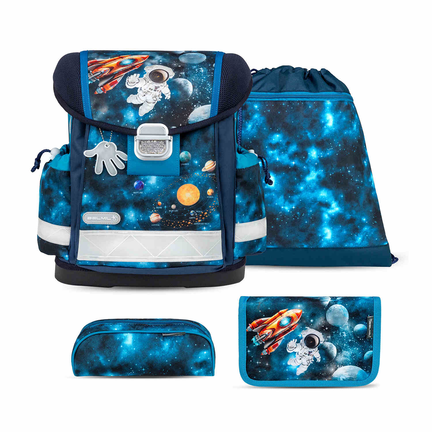 Classy Infinity Space schoolbag set 4 pcs - Ergonomic School Bag Set for Boys by Belmil, perfect for first graders.
