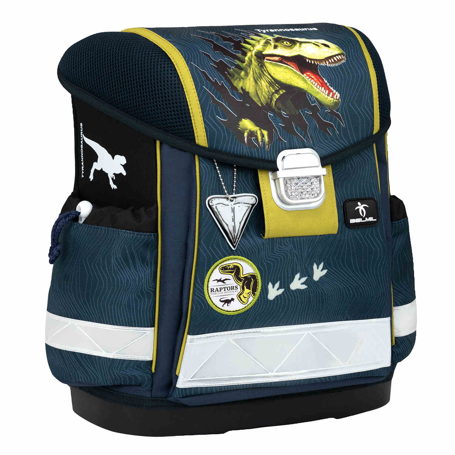 The Ergonomic School Bag Set for Boys – Belmil Classy King Dino (5 pcs) highlighting the breathable back padding for comfort.