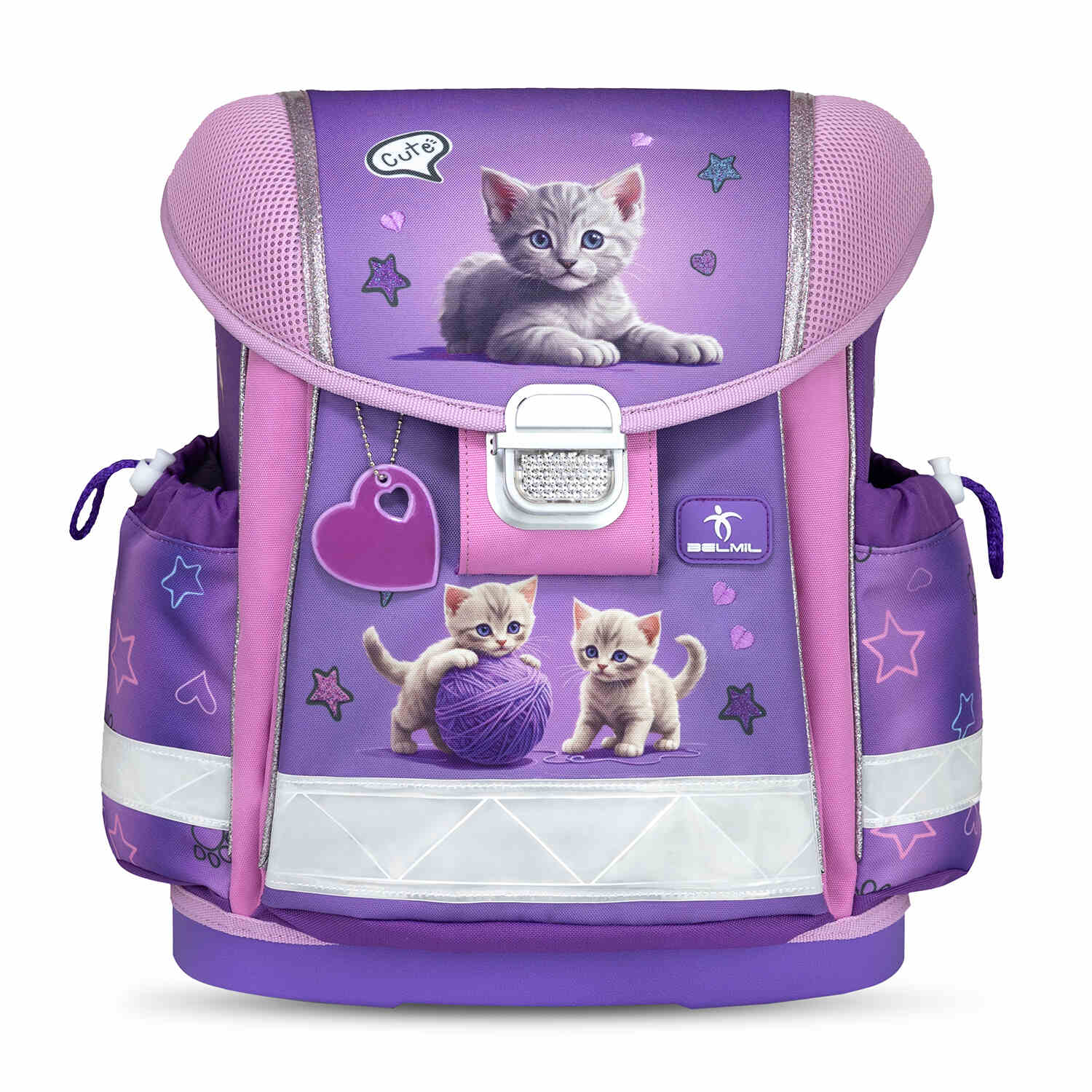 The Ergonomic School Bag Set for Girls – Belmil Classy Little Kittens (5 pcs) showing the adjustable straps of the school bag.