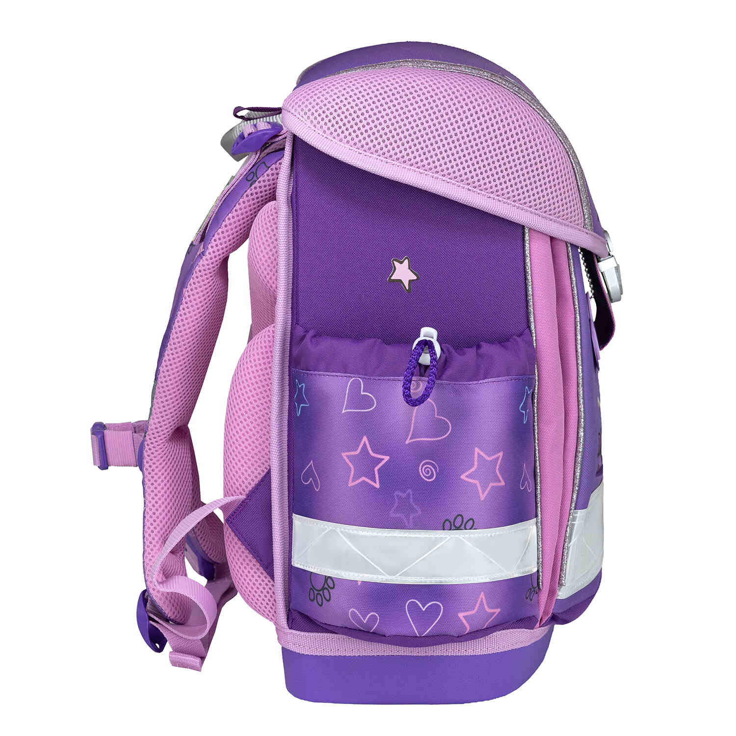 The Ergonomic School Bag Set for Girls – Belmil Classy Little Kittens (5 pcs) displaying the child-friendly metal buckle for safety.