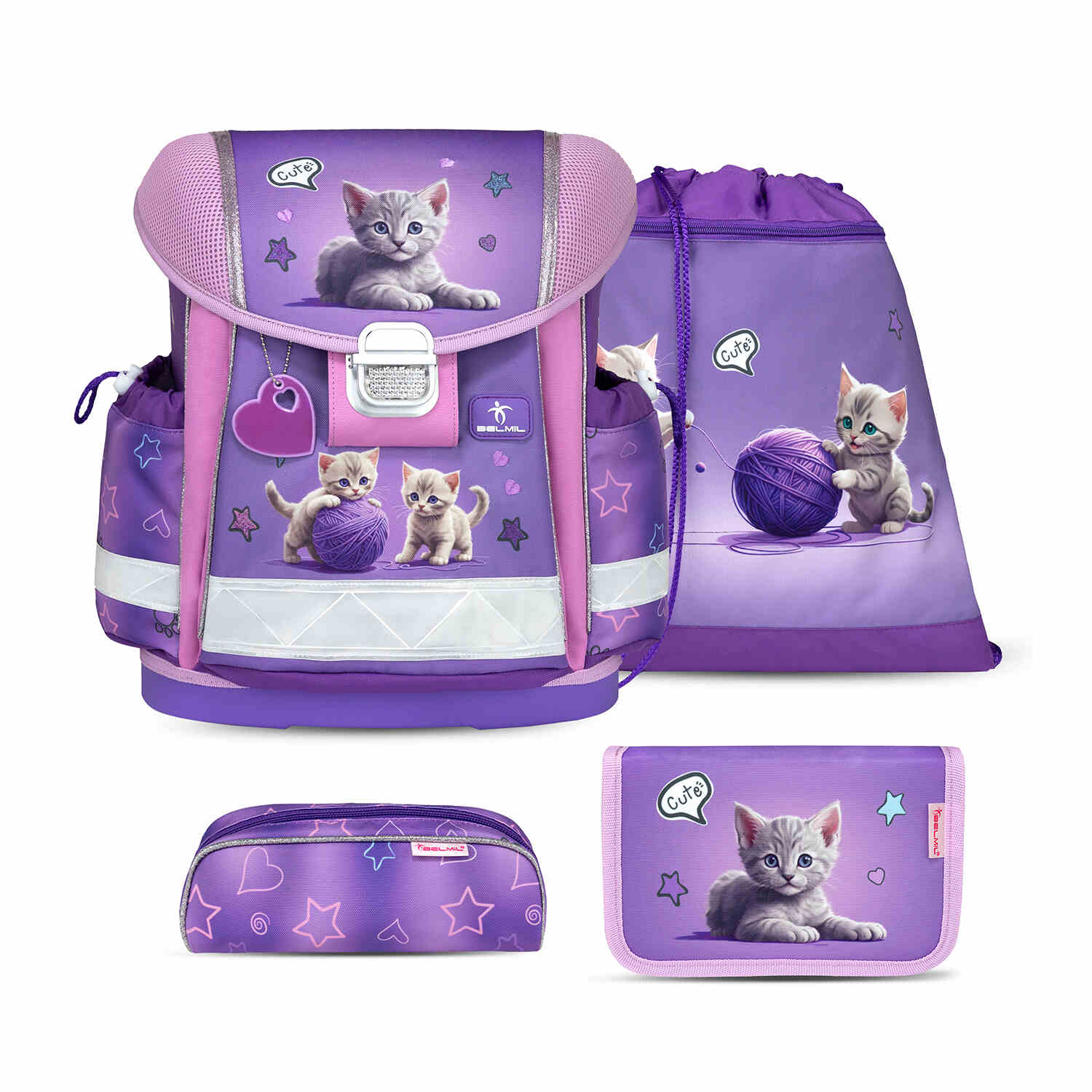 Classy Little Kittens schoolbag set 4 pcs featuring an ergonomic design, perfect for first graders from Belmil.