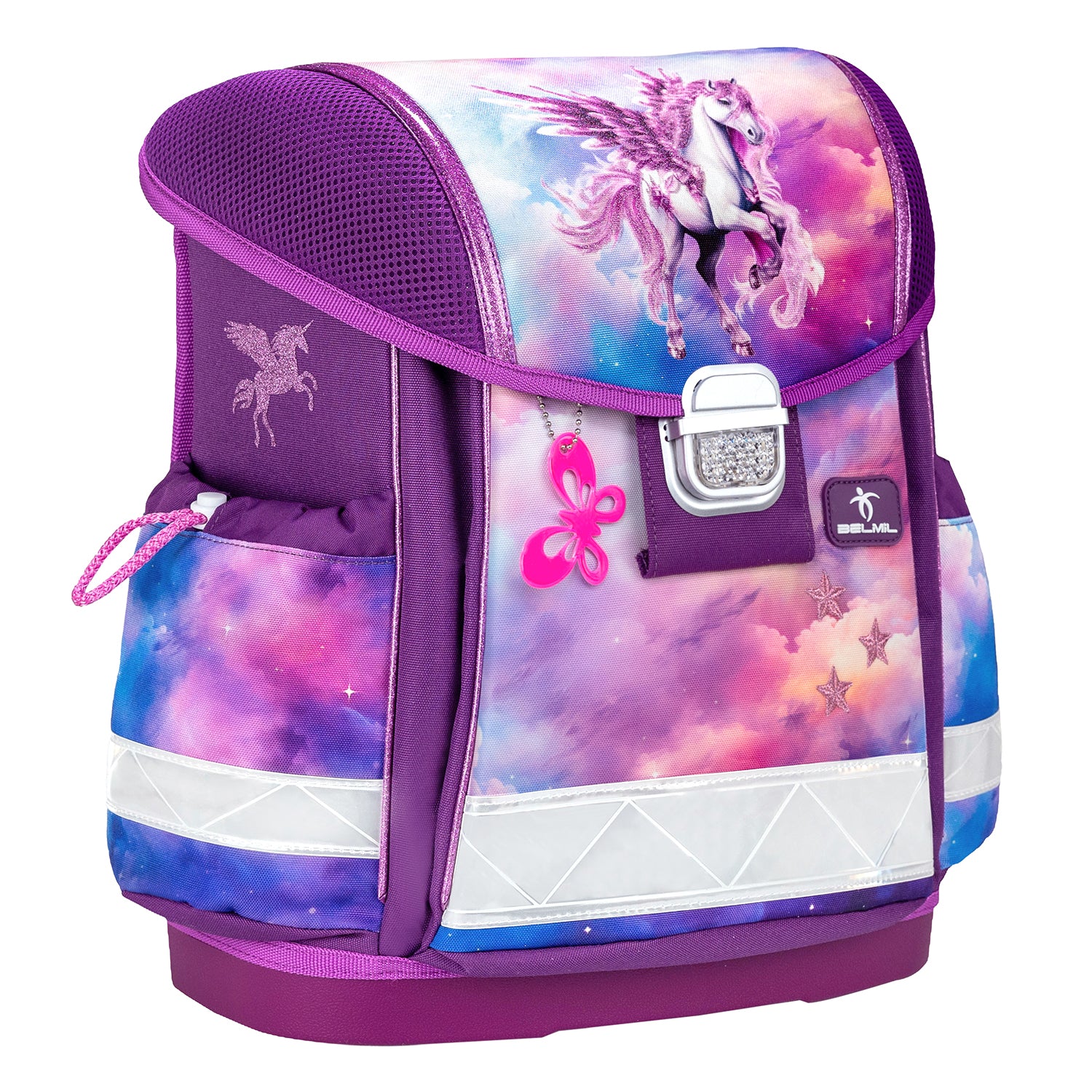 Unicorn raincoat from the Belmil Classy Ergonomic School Bag Set for Girls “Pegasus” Design + Unicorn Raincoat – 5-Piece Back-to-School Bundle, showcasing its expandable back feature for easy wear over the school bag.