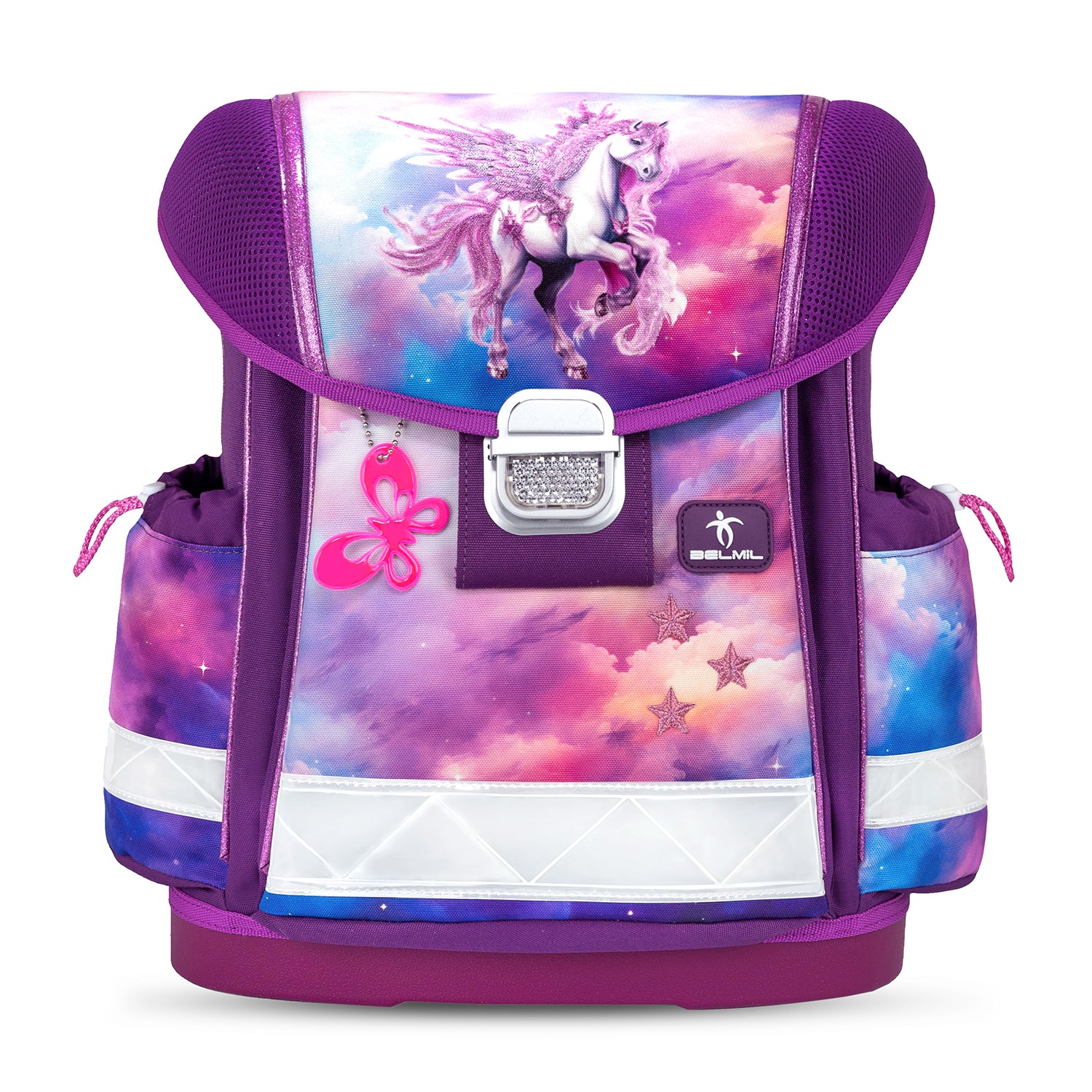 Close-up view of the adjustable padded shoulder straps of the Belmil Classy Ergonomic School Bag Set for Girls “Pegasus” Design + Unicorn Raincoat – 5-Piece Back-to-School Bundle, highlighting comfort for young students.