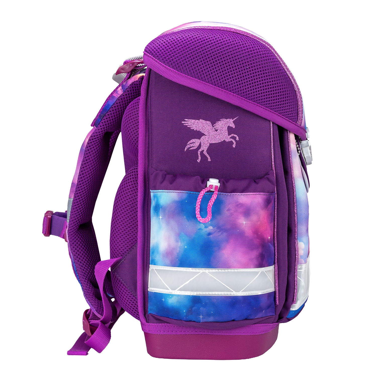 Belmil Classy Ergonomic School Bag Set for Girls “Pegasus” Design + Unicorn Raincoat – 5-Piece Back-to-School Bundle laid out for display, emphasizing the organized compartments and fun design elements.