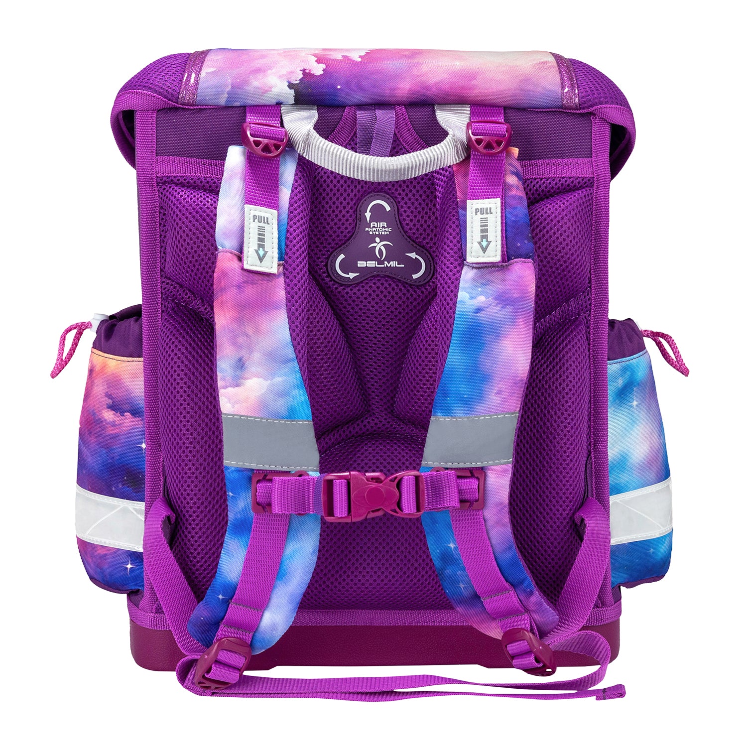 Full view of the Belmil Classy Ergonomic School Bag Set for Girls “Pegasus” Design + Unicorn Raincoat – 5-Piece Back-to-School Bundle, with all accessories including a gym bag and pencil cases.