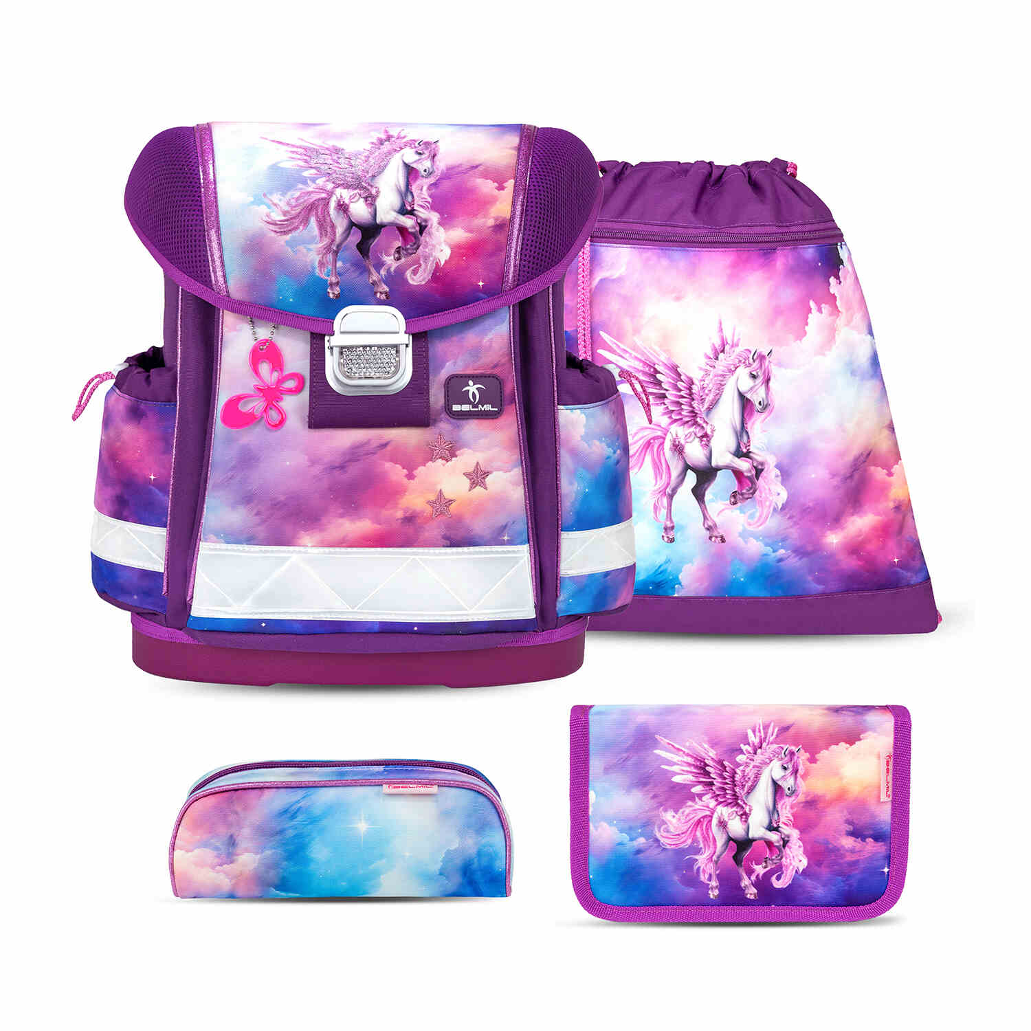 Classy Pegasus schoolbag set 4 pcs, featuring ergonomic design for comfort, perfect for first graders, Ergonomic School Bag Set for Girls – Belmil Classy Pegasus (4 pcs)