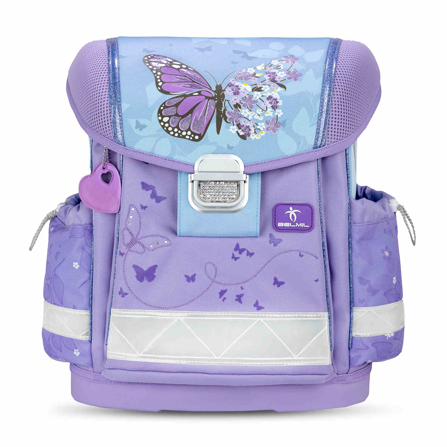 Rain cover feature for The Ergonomic School Bag Set for Girls – Belmil Classy Purple Blue Butterfly (5 pcs), providing protection from weather.