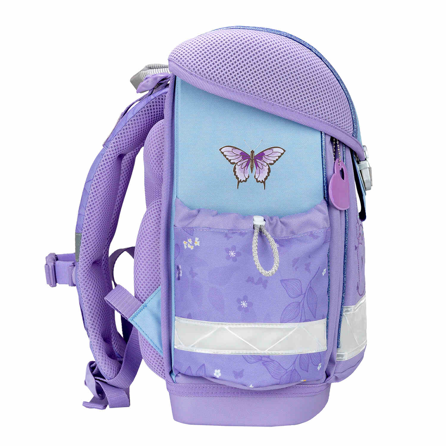 Reflective elements on The Ergonomic School Bag Set for Girls – Belmil Classy Purple Blue Butterfly (5 pcs) ensure visibility in low-light conditions.