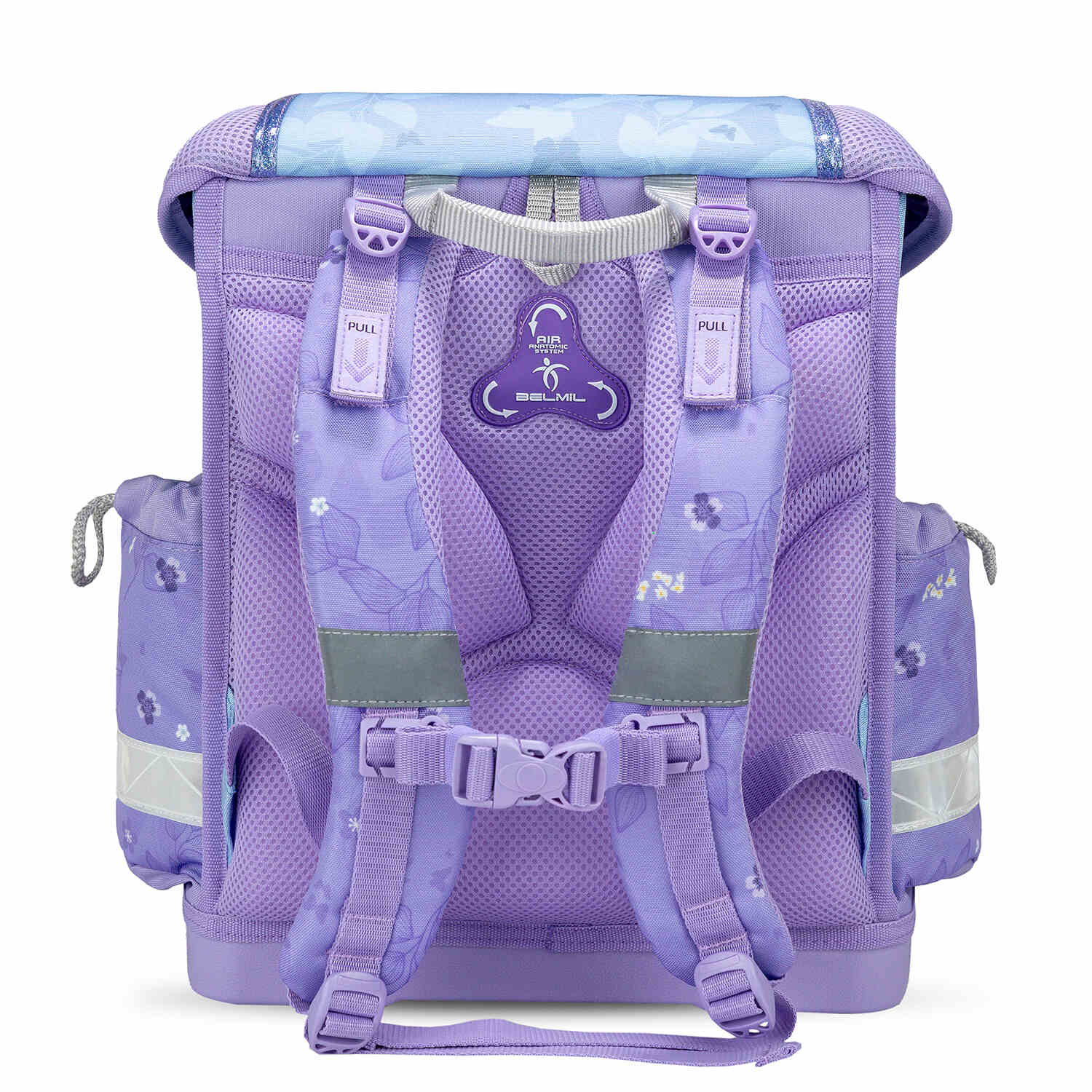 Interior organization of The Ergonomic School Bag Set for Girls – Belmil Classy Purple Blue Butterfly (5 pcs) showcasing multiple compartments.