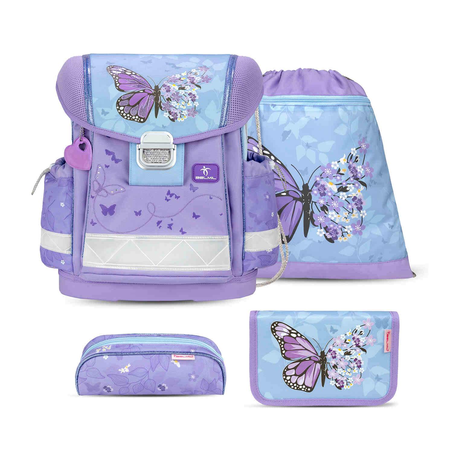 Classy Purple Blue Butterfly schoolbag set 4 pcs - Ergonomic School Bag Set for Girls – Belmil, showcasing the beautiful design with butterfly patterns.