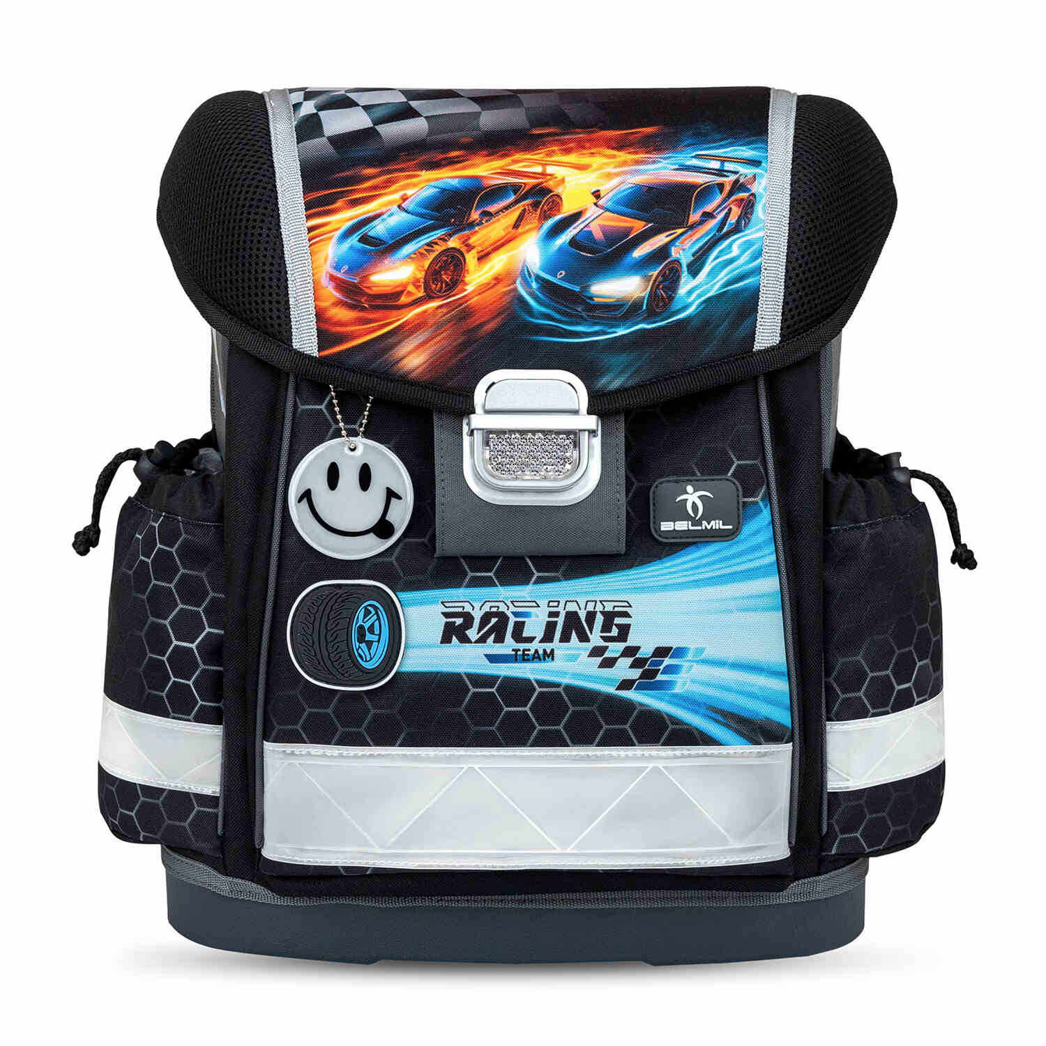 The Ergonomic School Bag Set for Boys – Belmil Classy Race it (5 pcs) featuring adjustable chest and shoulder straps for a customized fit.