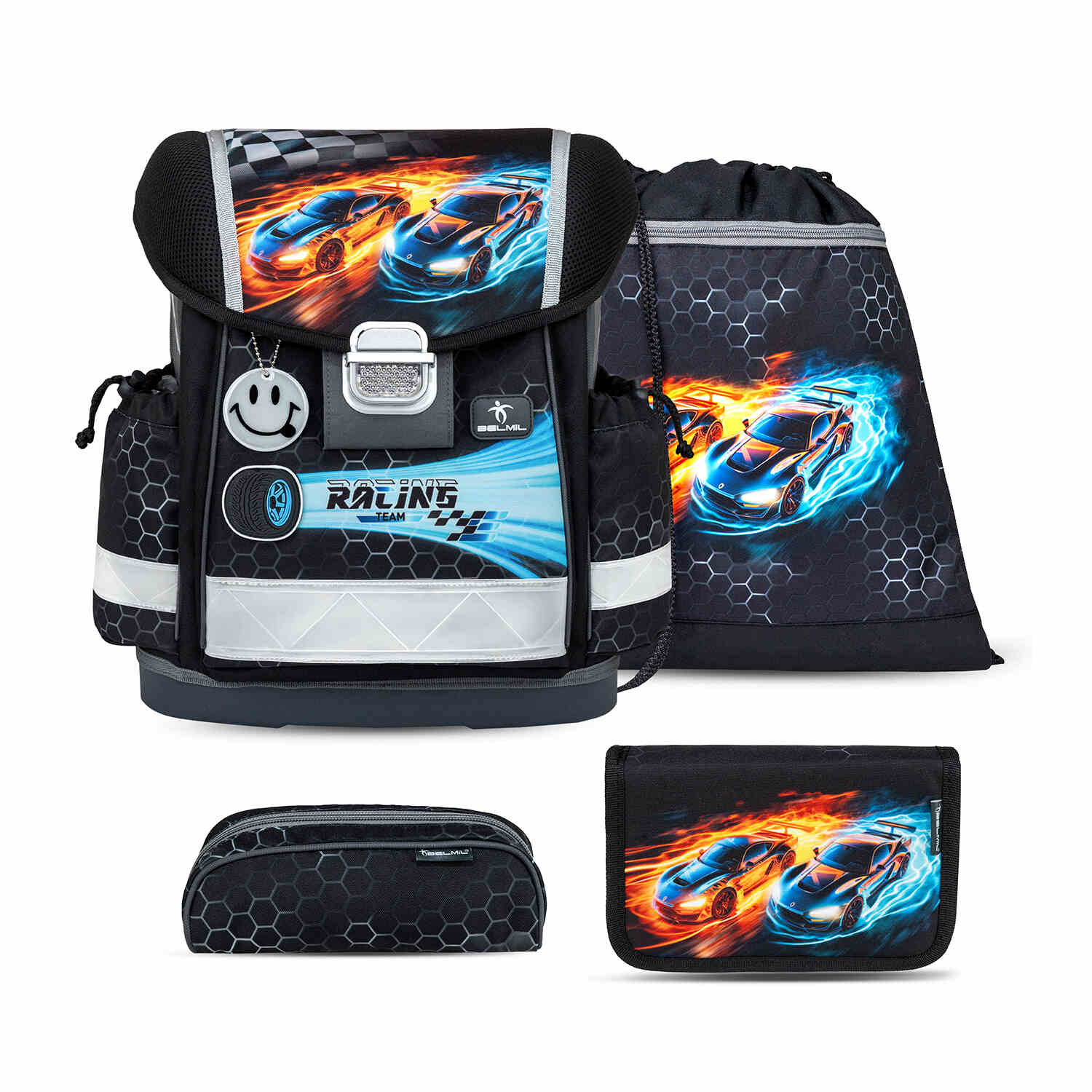 Ergonomic School Bag Set for Boys– Belmil Classy Race it (4 pcs) with padded shoulder straps and breathable back padding for comfort.