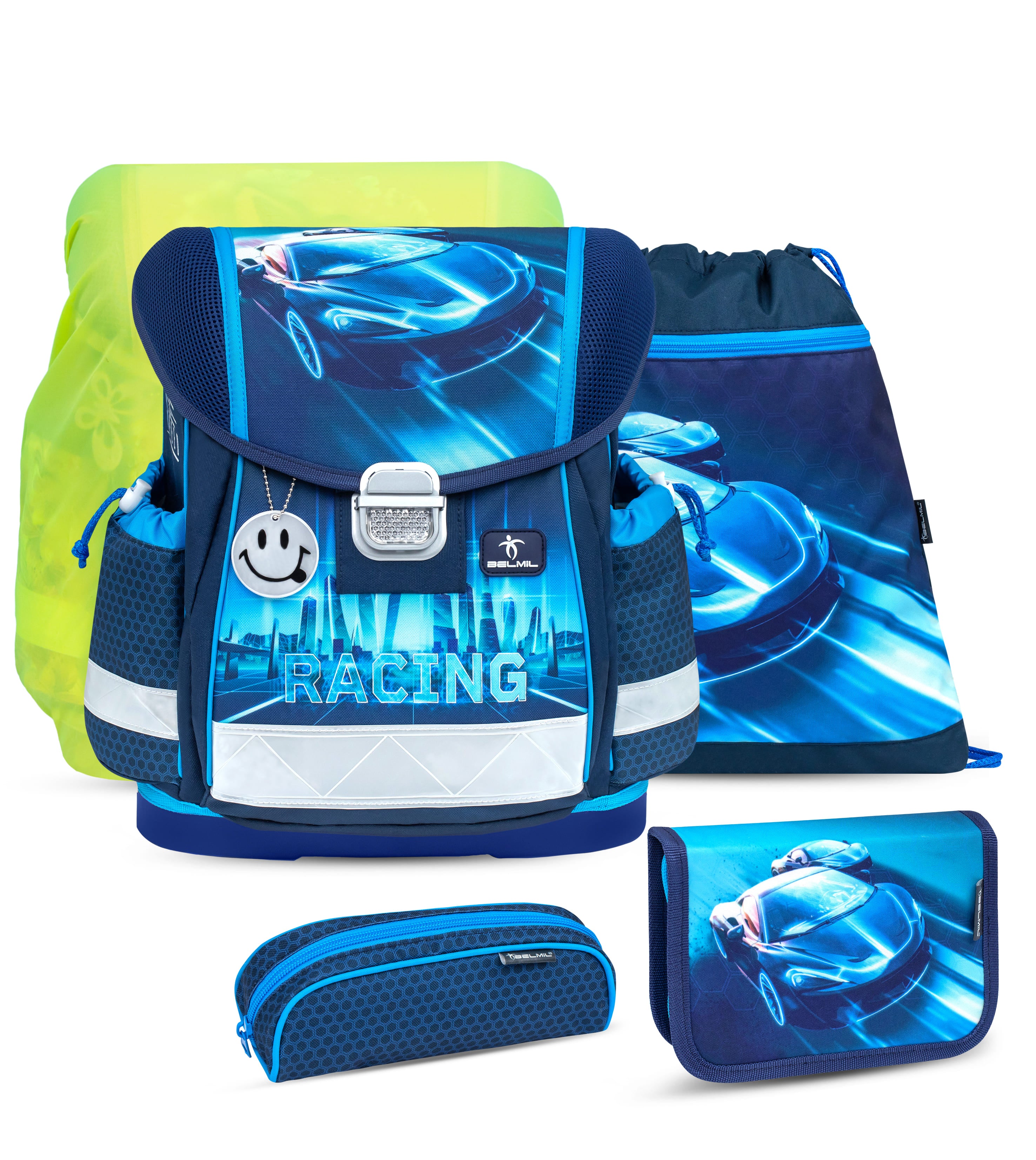 Classy Racing Blue Neon schoolbag set with raincover 5 pcs
