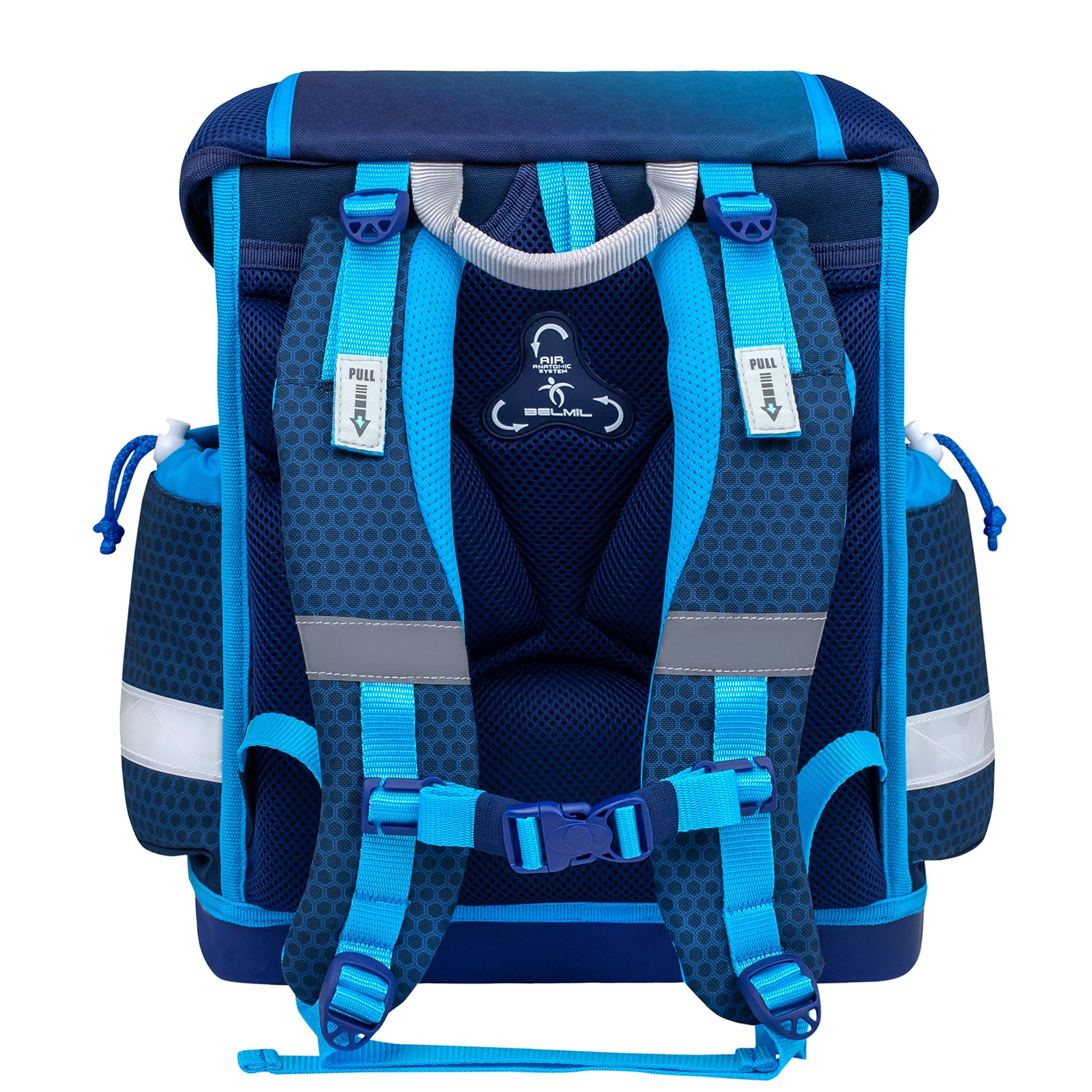 All components of the Belmil Classy Ergonomic School Bag Set for Boys “Racing Blue Neon” Design + Dinosaur Raincoat – 5-Piece Back-to-School Bundle including the backpack and pencil cases.