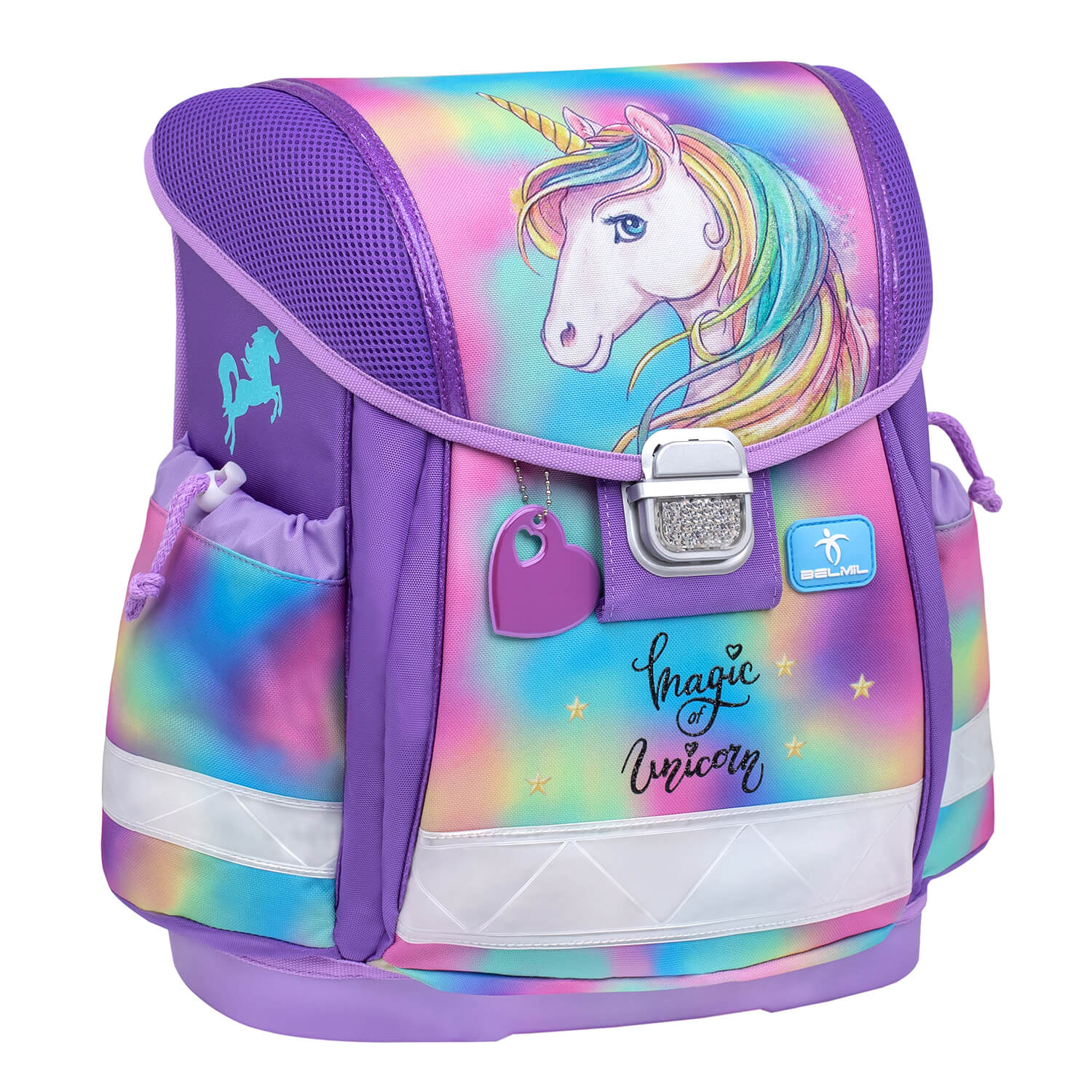 The Ergonomic School Bag Set for Girls – Belmil Classy Rainbow Color (5 pcs) featuring its waterproof rain cover, ideal for all-weather protection.