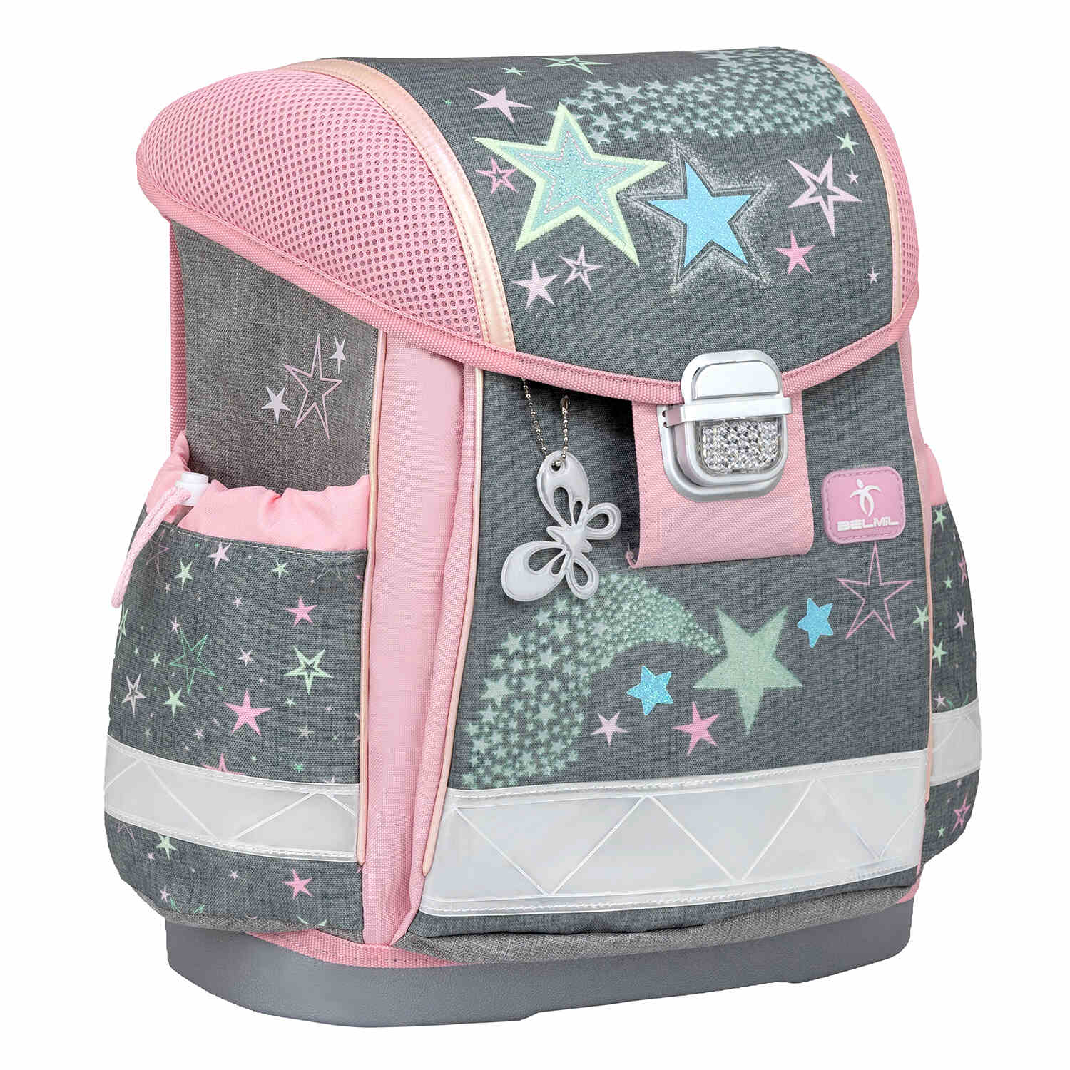 The Ergonomic School Bag Set for Girls – Belmil Classy Shine Bright (5 pcs) showing the light-weight design with multiple compartments and organized interior.