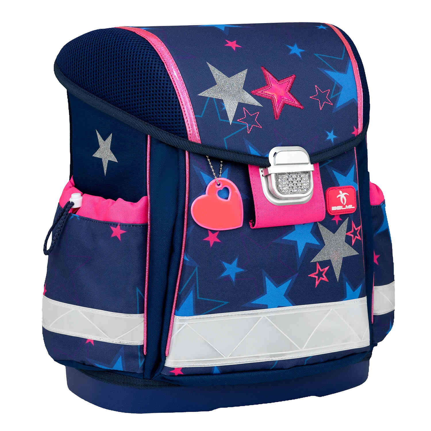 The Ergonomic School Bag Set for Girls – Belmil Classy Sparkling Star (5 pcs) includes its neon yellow rain cover for all-weather protection.